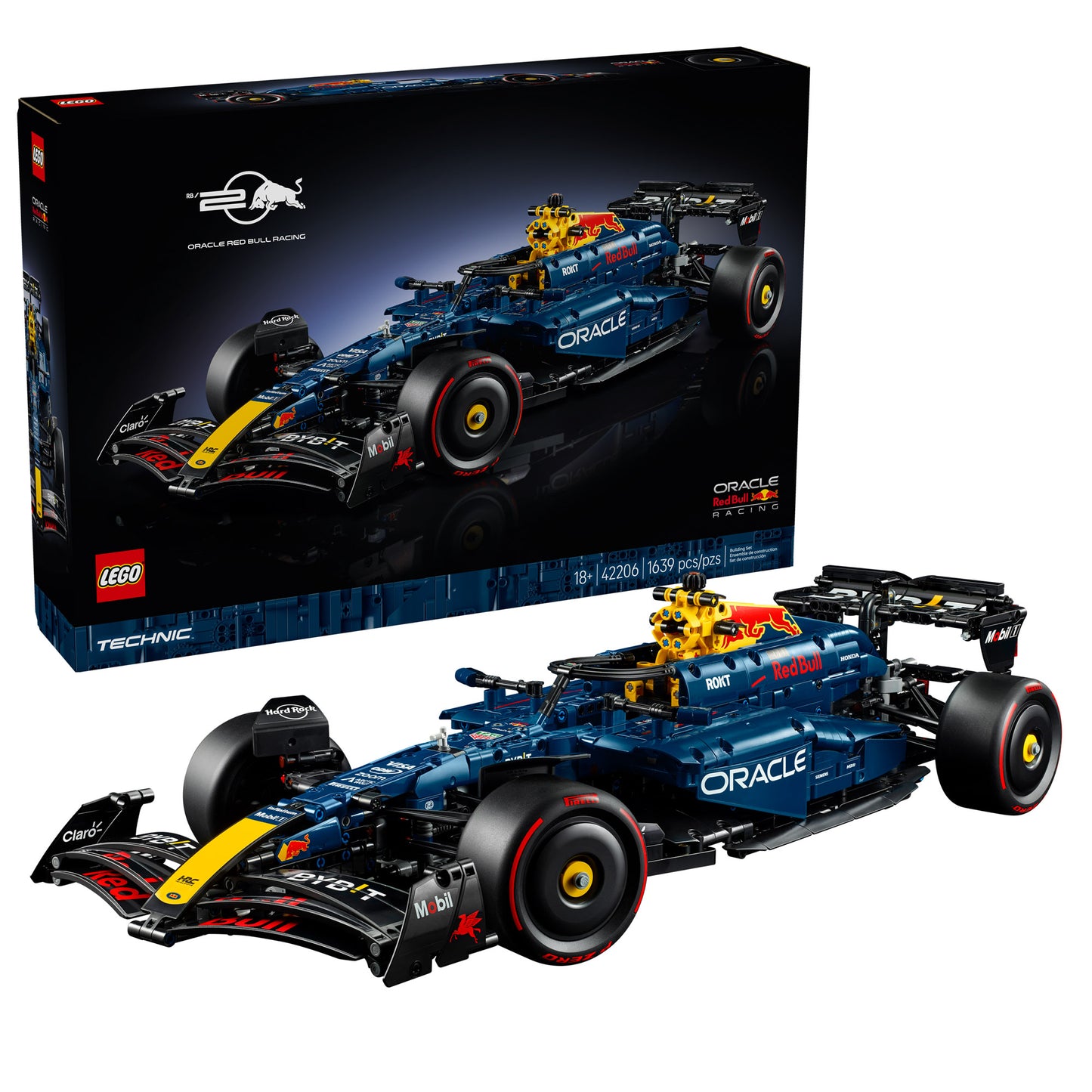 LEGO® Oracle Red Bull Racing RB20 F1 Car shown in front of its packaging box.