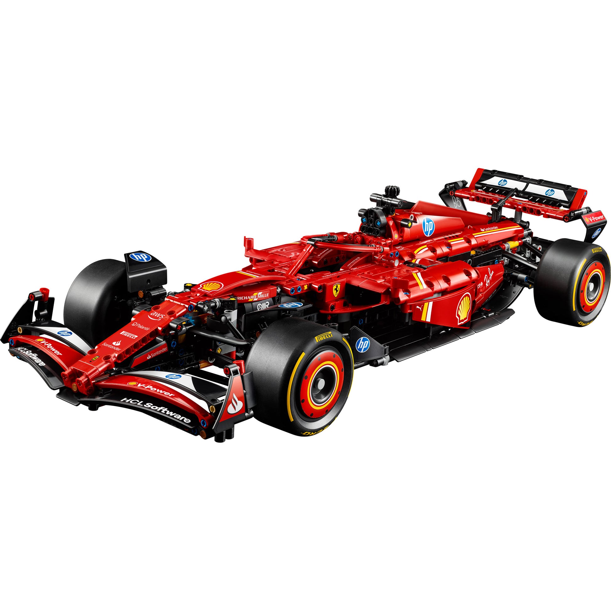 LEGO® Ferrari SF-24 F1 Car by LEGO, ONLINE ONLY, features sponsor decals and aerodynamic details, angled view.