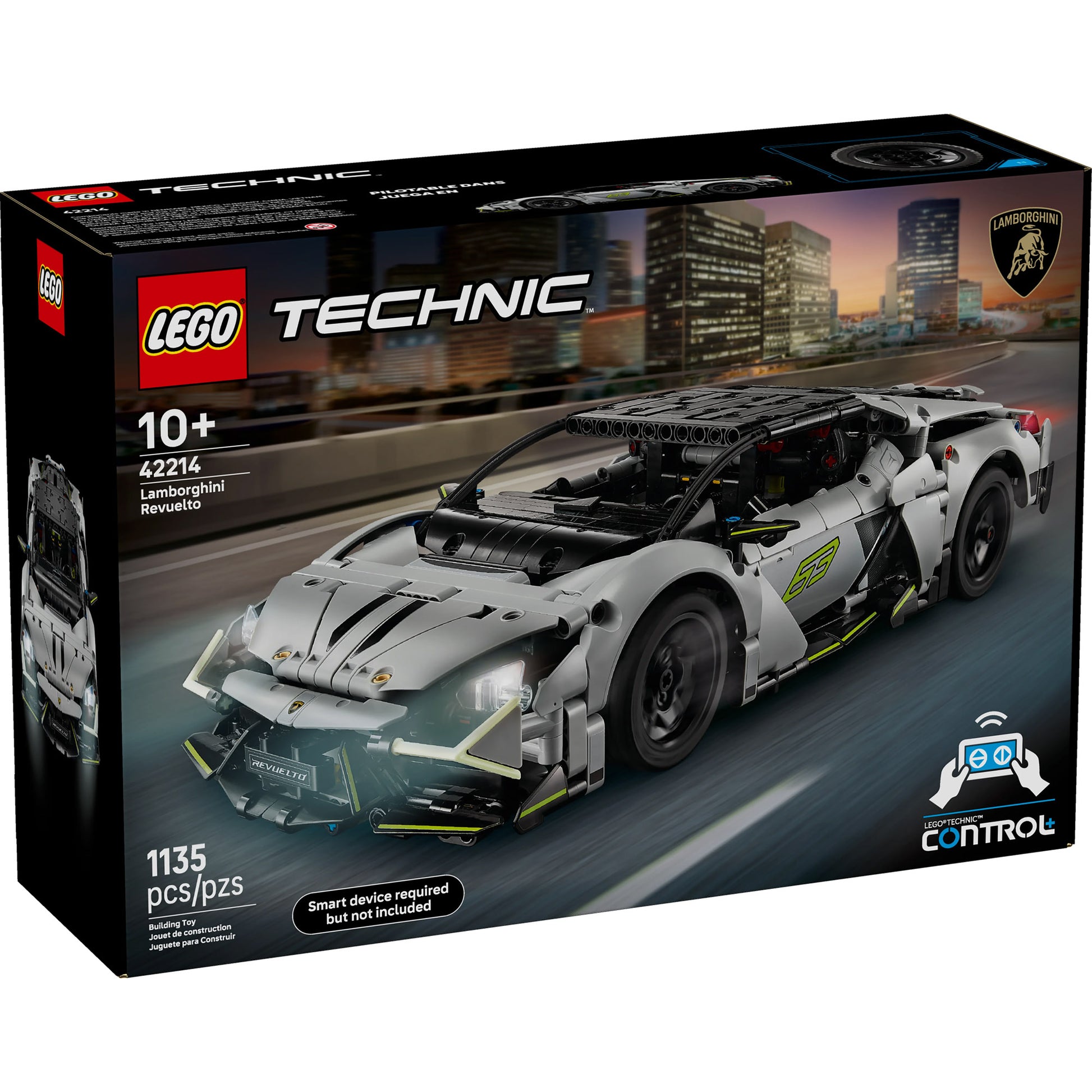 LEGO® Lamborghini Revuelto Super Sports Car, 1135 pieces, for ages 10+, shown before a city skyline.
