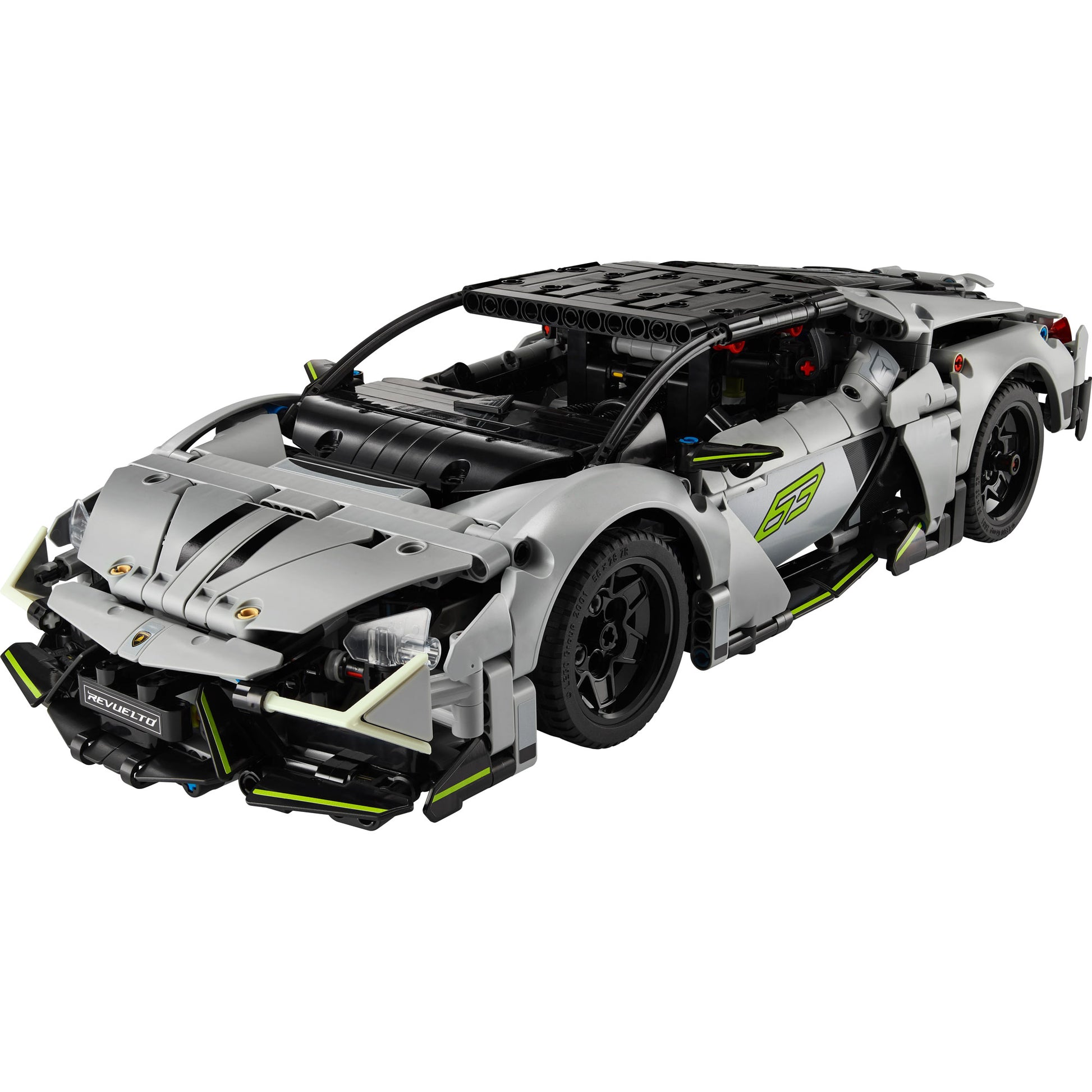 LEGO® Lamborghini Revuelto Super Sports Car in silver with black wheels, green accents; front left view.