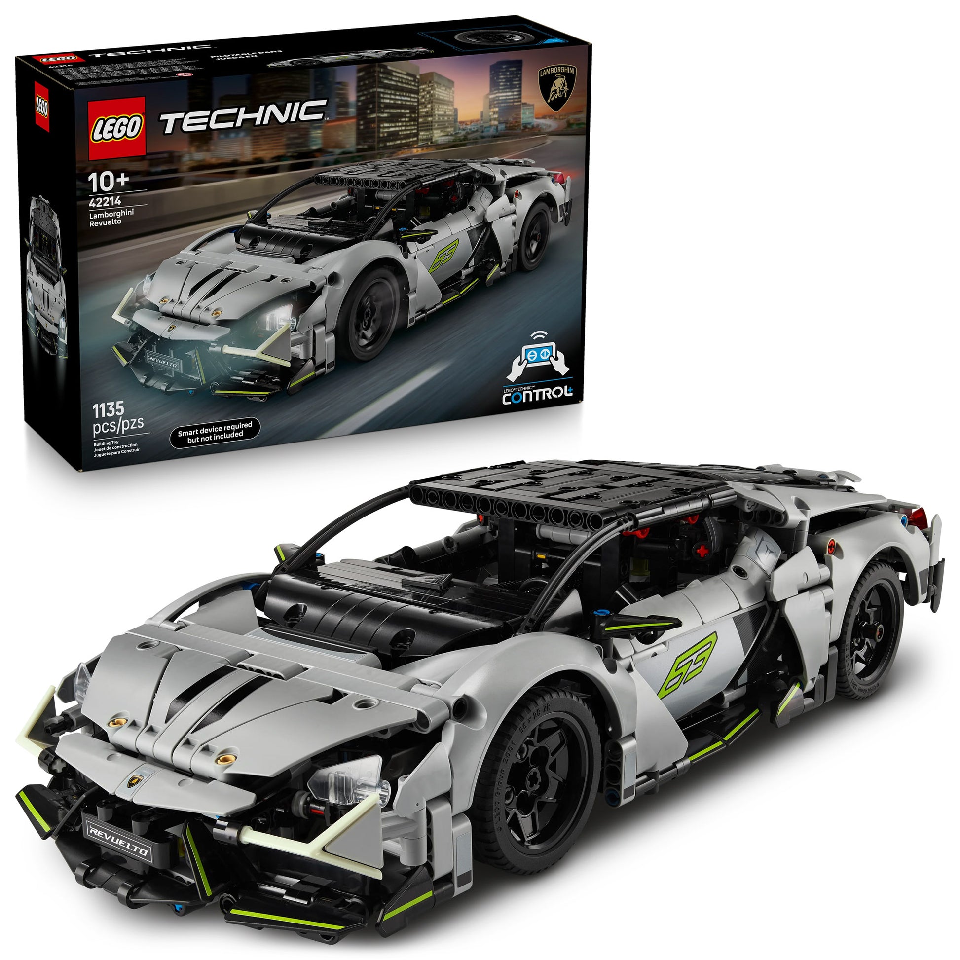 LEGO® Lamborghini Revuelto Super Sports Car by LEGO shown in front of its product box.