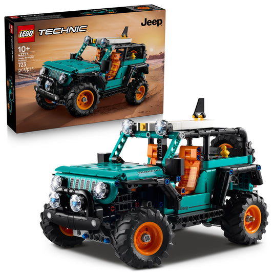 Product Image – LEGO® Jeep® Wrangler Rubicon SUV toy, for ages 10+, with green and orange details. ONLINE ONLY.