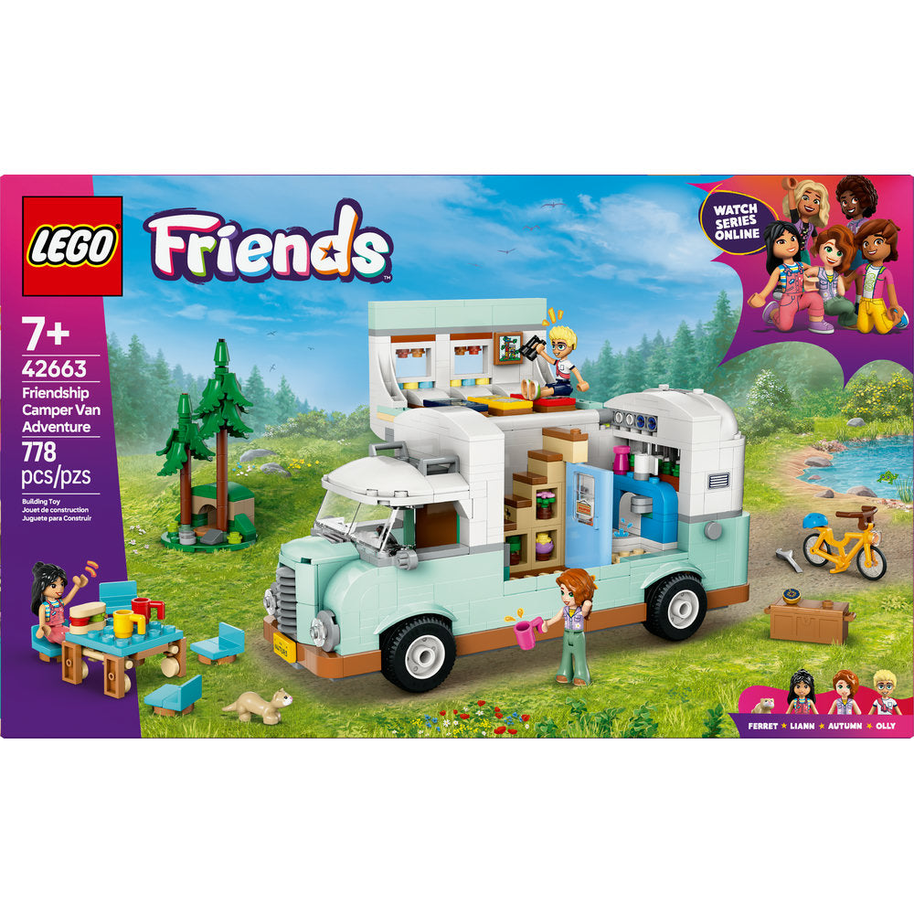 LEGO® Friendship Camper Van Adventure playset with 178 pieces, mini-figures, and a bike for creative fun.