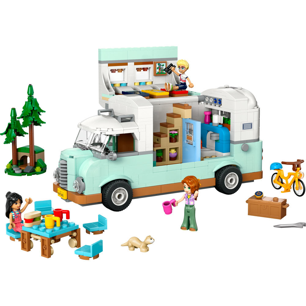 LEGO® Friendship Camper Van Adventure playset: 3 mini-figures, picnic, bike & camping gear.
