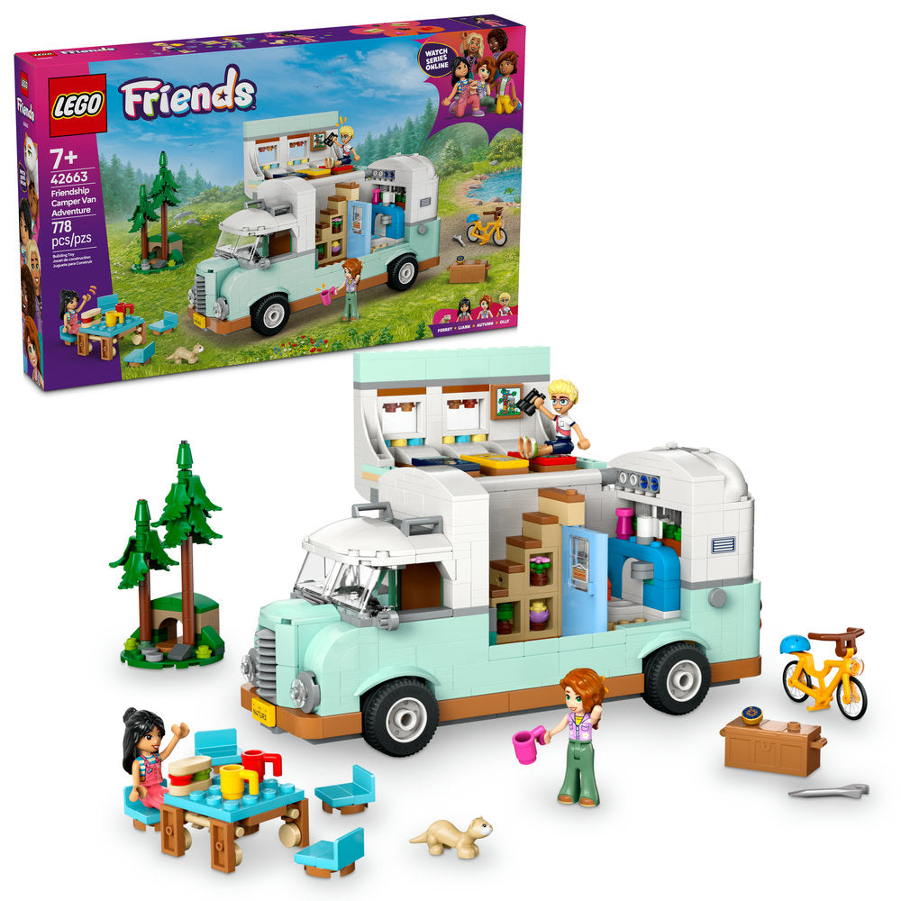 LEGO® Friendship Camper Van Adventure playset with mini-figures and accessories; box shown in background.