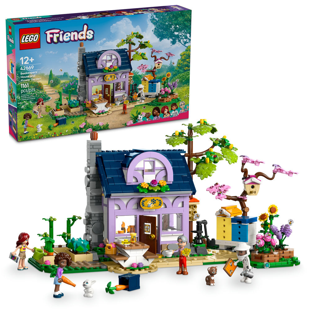 LEGO® Beekeepers' House and Flower Garden set with house, tree, animals & 4 mini-figures; box shown.