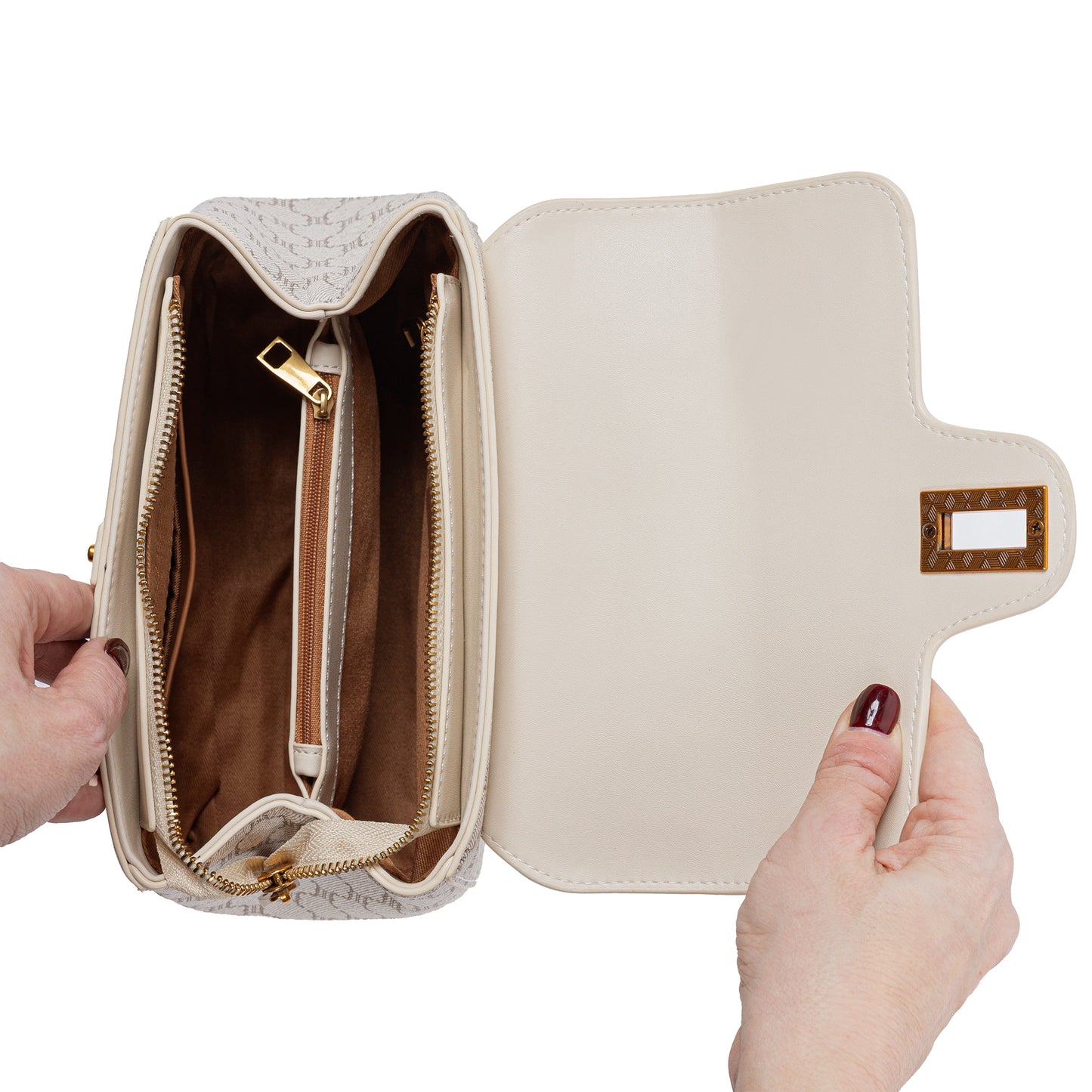 The Miss Caprice Brianne Tote showcases a polished look with interior pockets and brushed gold-toned hardware.