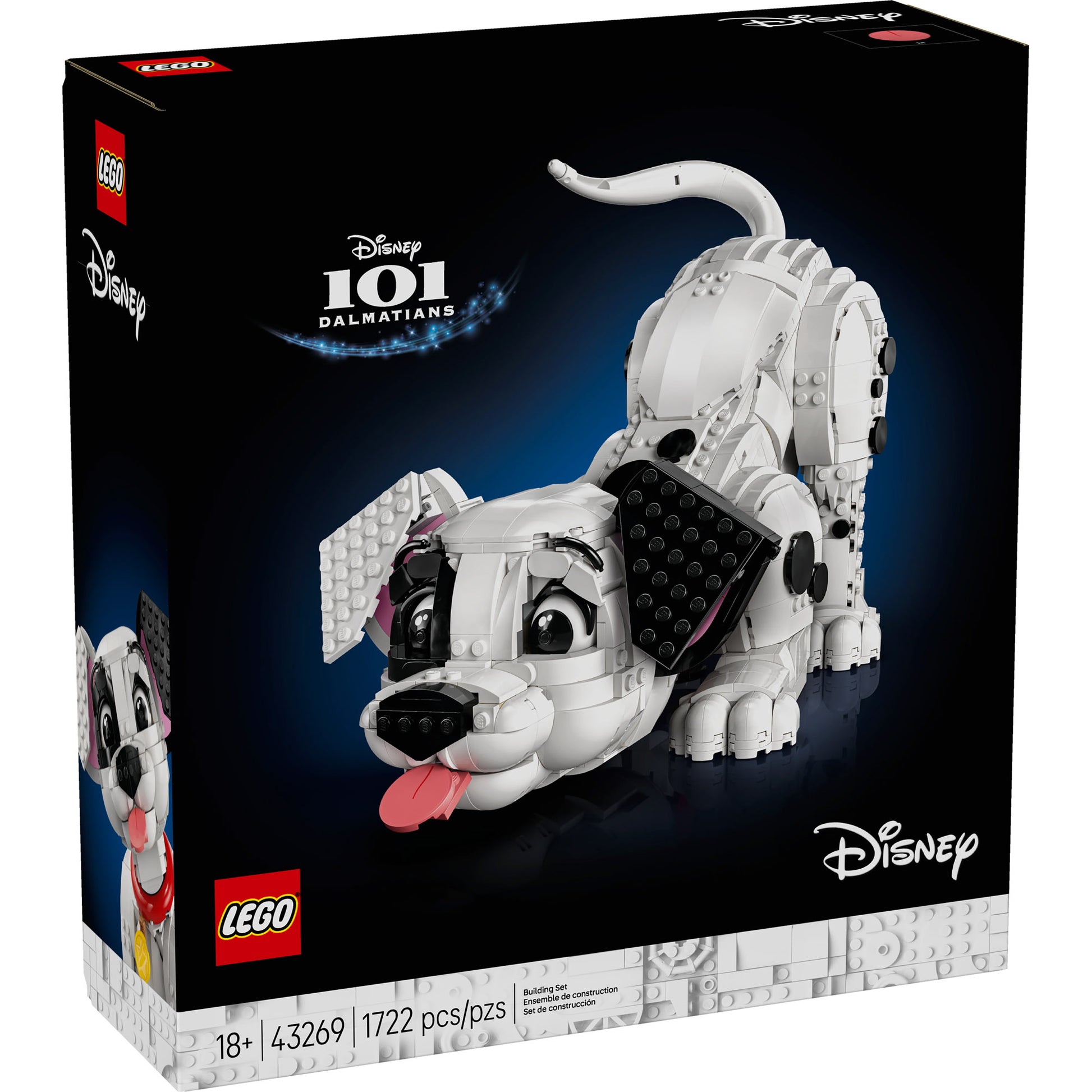 LEGO® 101 Dalmatians Puppy set for ages 18+, includes 1,722 pieces and a large puppy model.