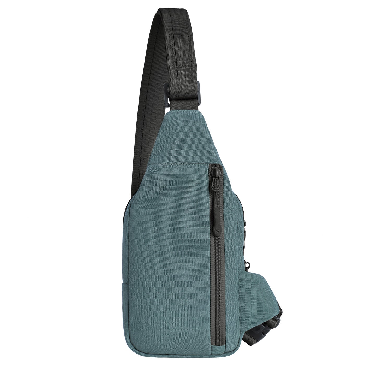 The Travelon Voyages Anti-Theft Compact Sling is slate blue with a zipper pocket and adjustable black strap, back view of hidden zippered pocket.
