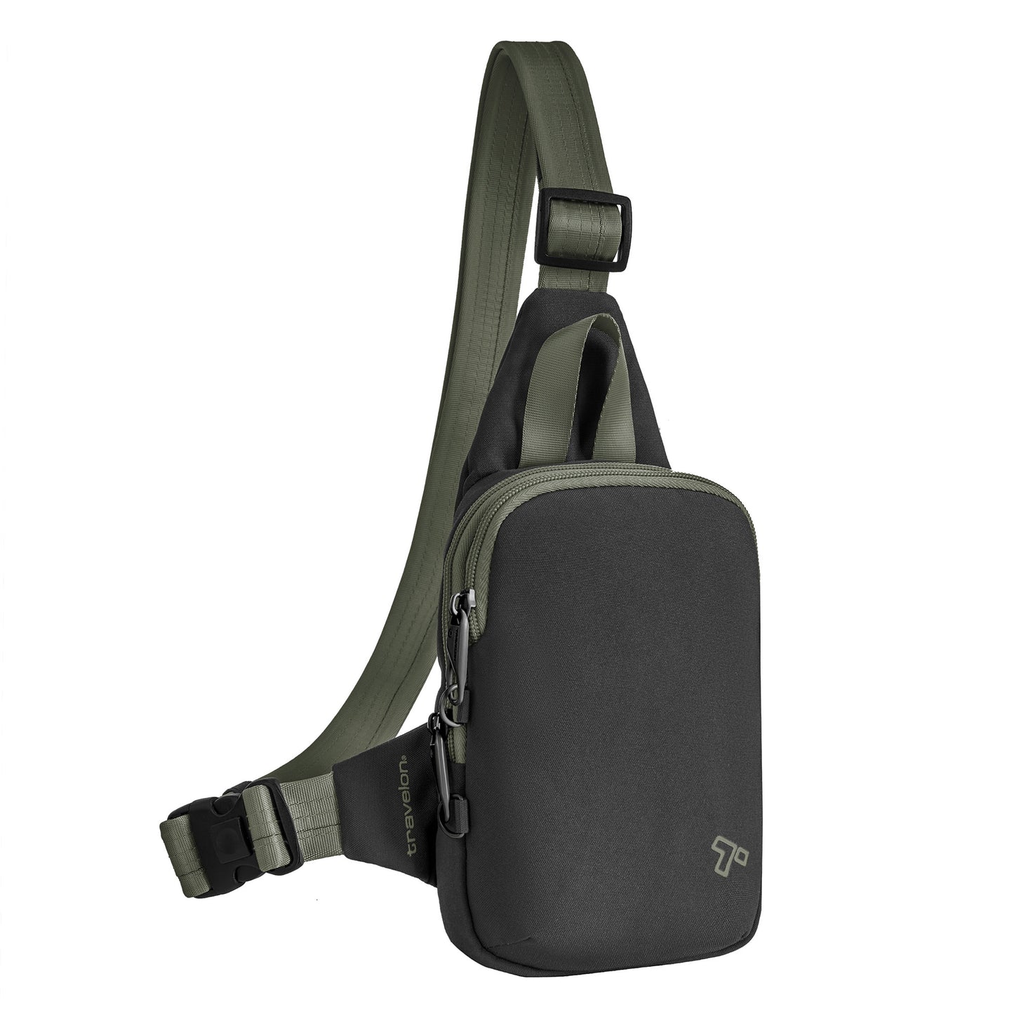 Travelon Voyages Anti-Theft Compact Sling in black featuring zippered compartments and adjustable olive green strap.