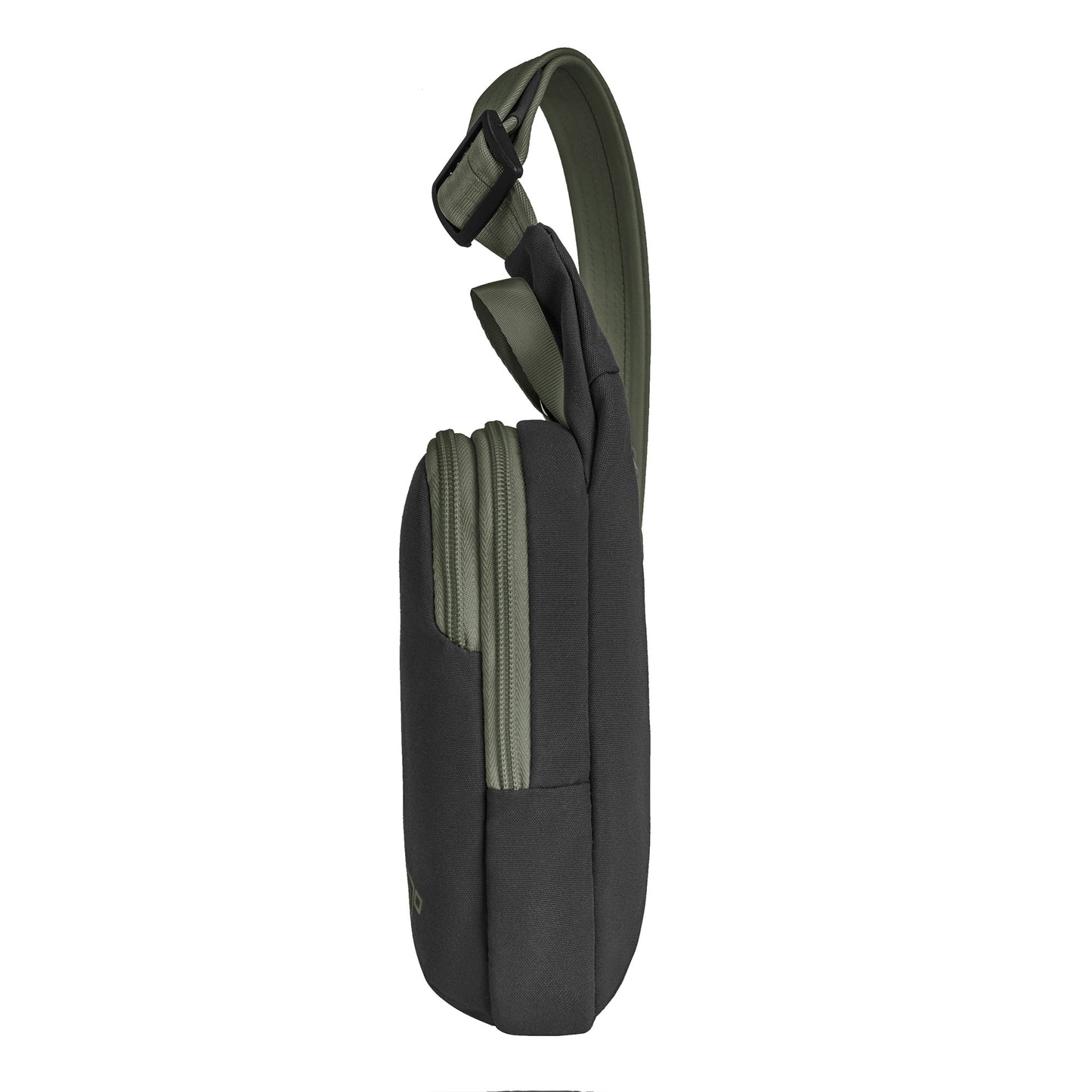 Side view of Travelon Voyages Anti-Theft Compact Sling in black/olive green with adjustable strap for hands-free travel.