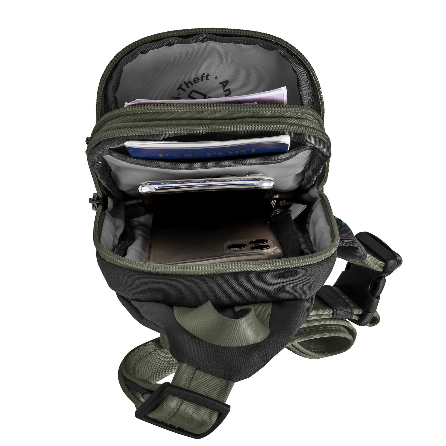 Open Travelon Voyages anti-theft sling, black with olive green accents, revealing papers, a smartphone, and a card inside.