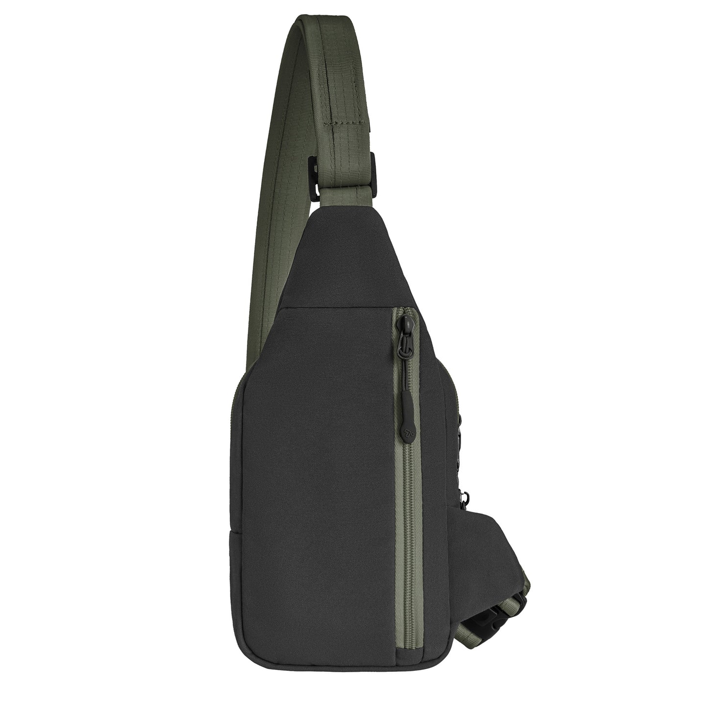 Travelon Voyages Anti-Theft Compact Sling in black/olive green with an adjustable strap and anti-theft pocket.