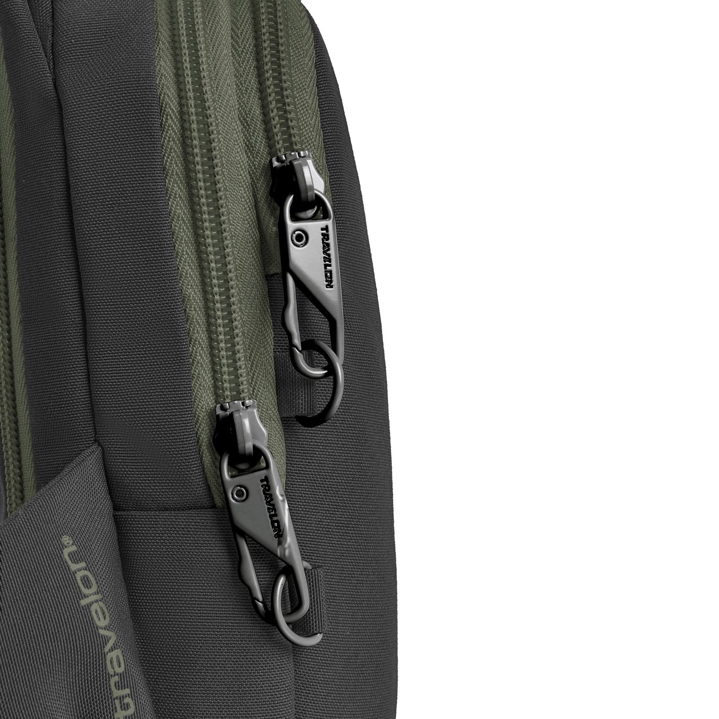 Close-up of the black Travelon Voyages Anti-Theft Compact Sling with lockable zipper pulls.