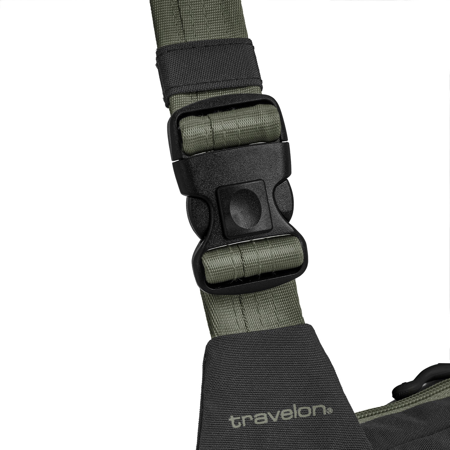 Close-up of the Travelon Voyages Anti-Theft Compact Sling with black buckle, ideal for secure hands-free travel.