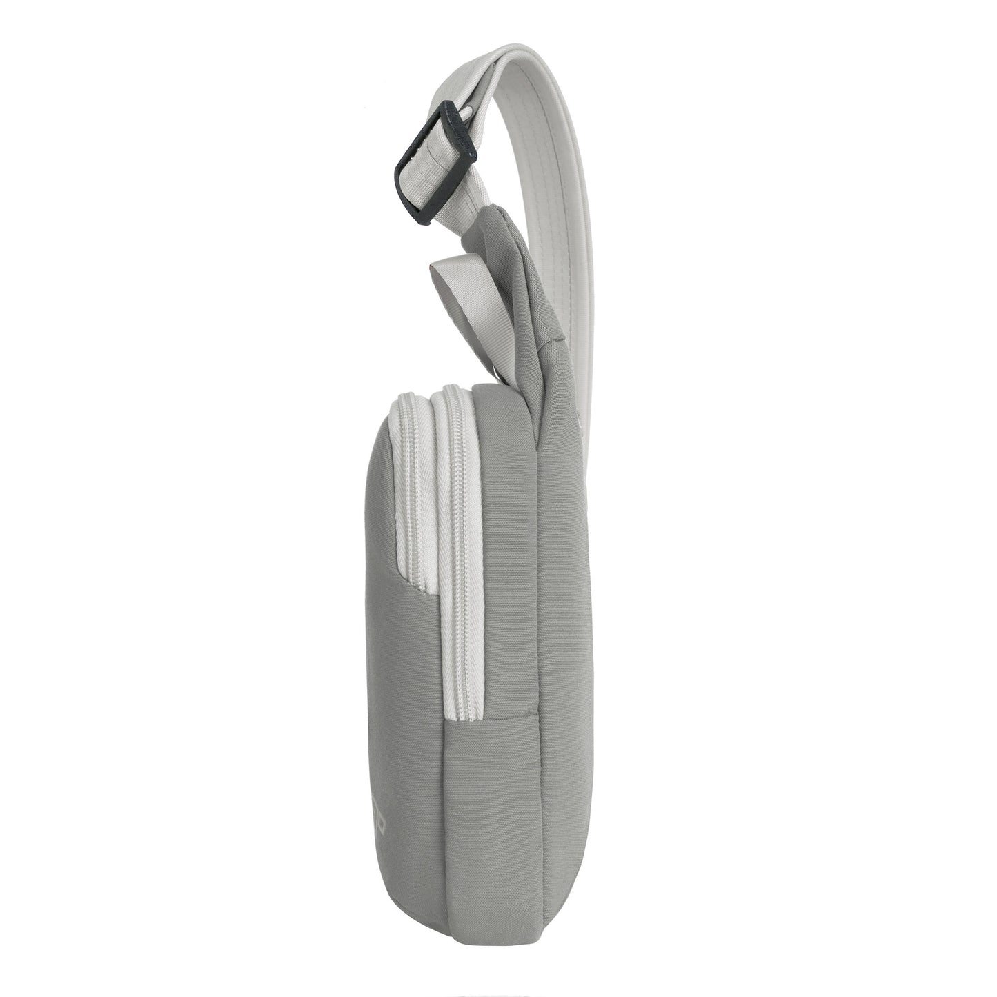 Side view of Travelon Voyages Anti-Theft Compact Sling in granite, featuring a white zipper and adjustable strap.