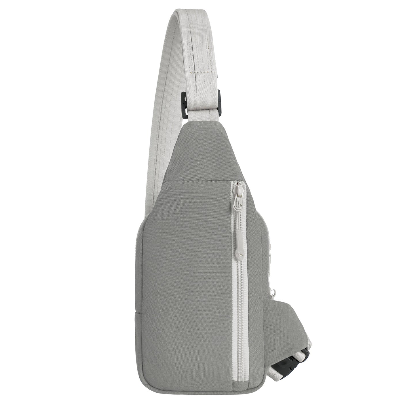 Side view of the granite Travelon Voyages Anti-Theft Compact Sling with adjustable strap and white zipper.