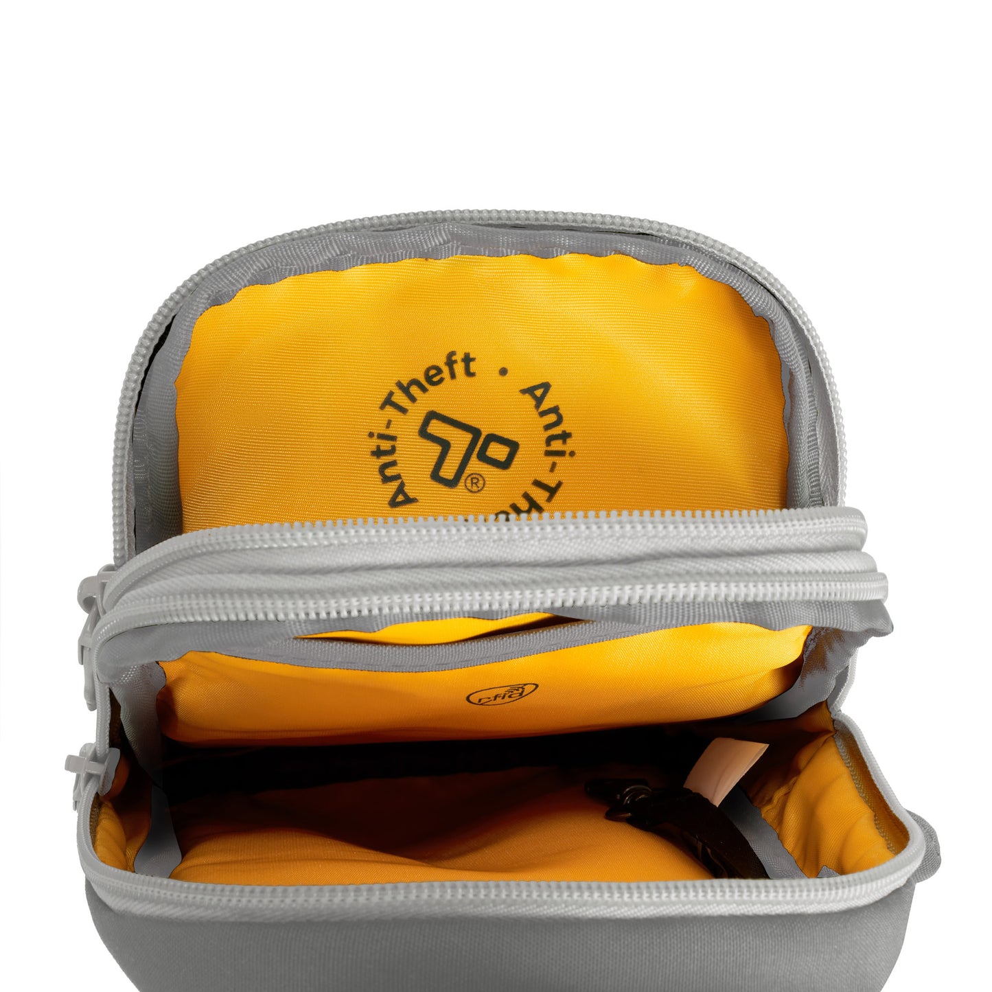 The granite Travelon Voyages Anti-Theft Compact Sling has a yellow interior and is ideal for hands-free travel.