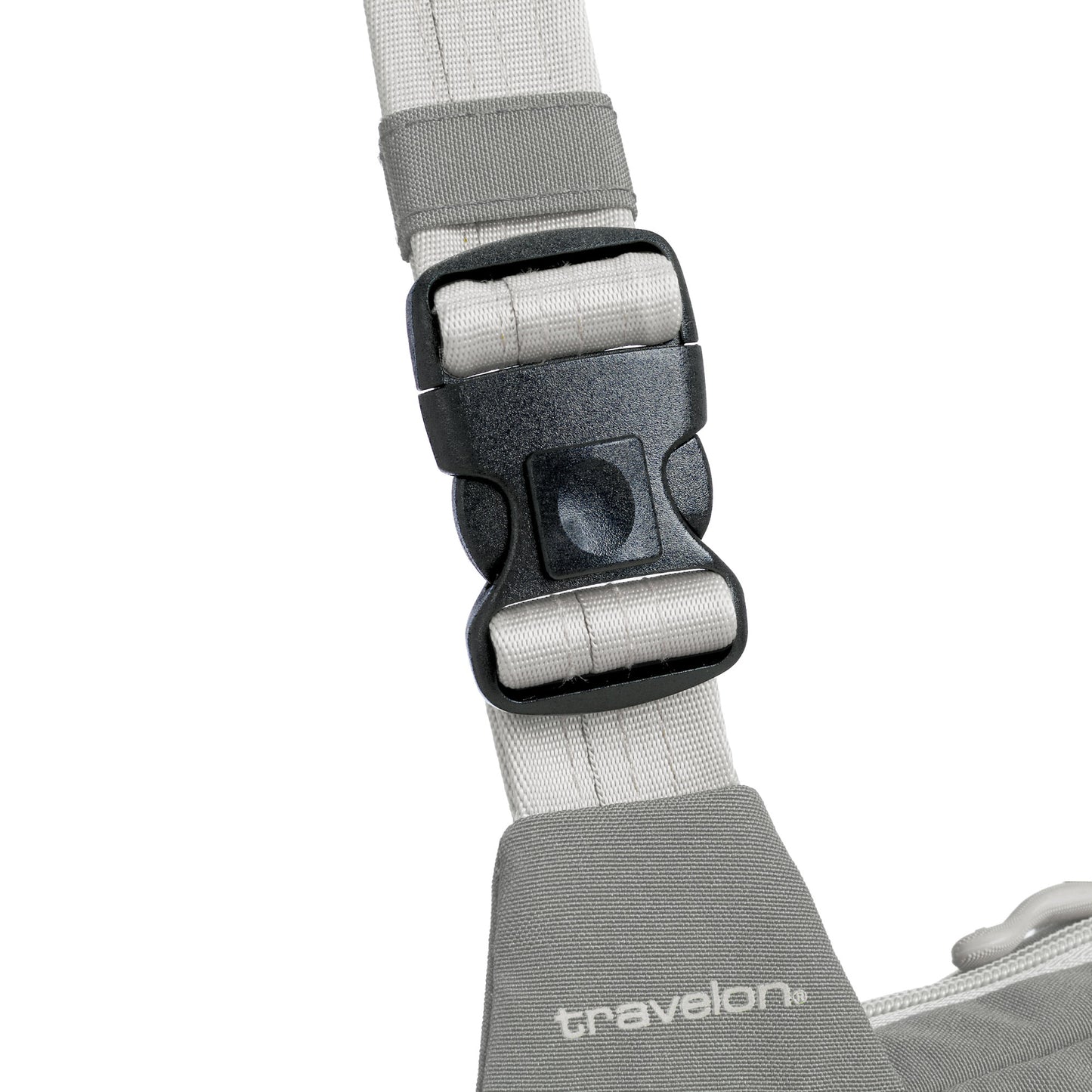 Close-up of a black plastic buckle on a white strap of the Travelon Voyages Anti-Theft Compact Sling.