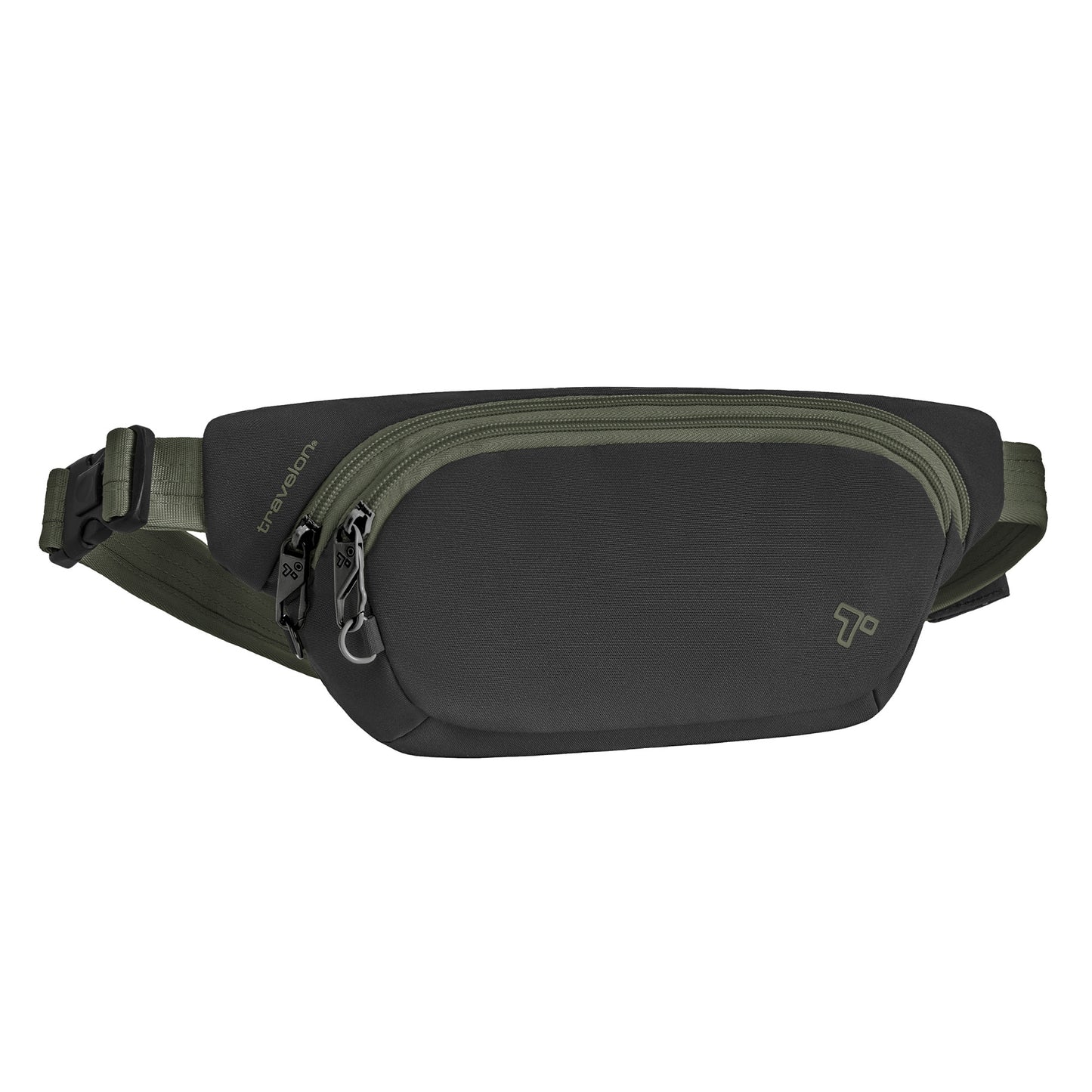 Travelon Voyages Anti-Theft black waist pack features dual zippered pockets and an adjustable strap for hands-free travel.