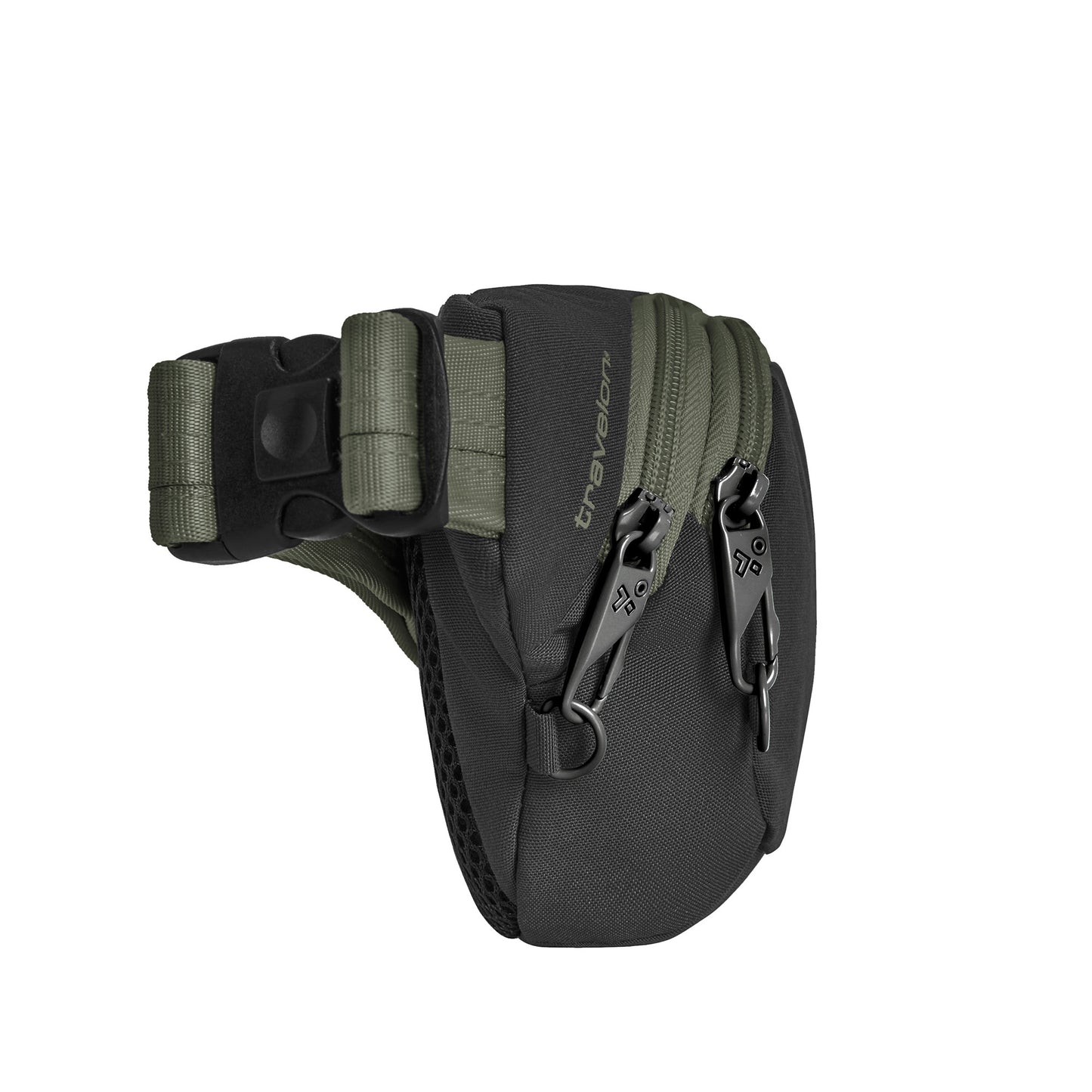 Side view of Travelon Voyages Anti-Theft Waist Pack in black/olive green, featuring two zip compartments and an adjustable strap.