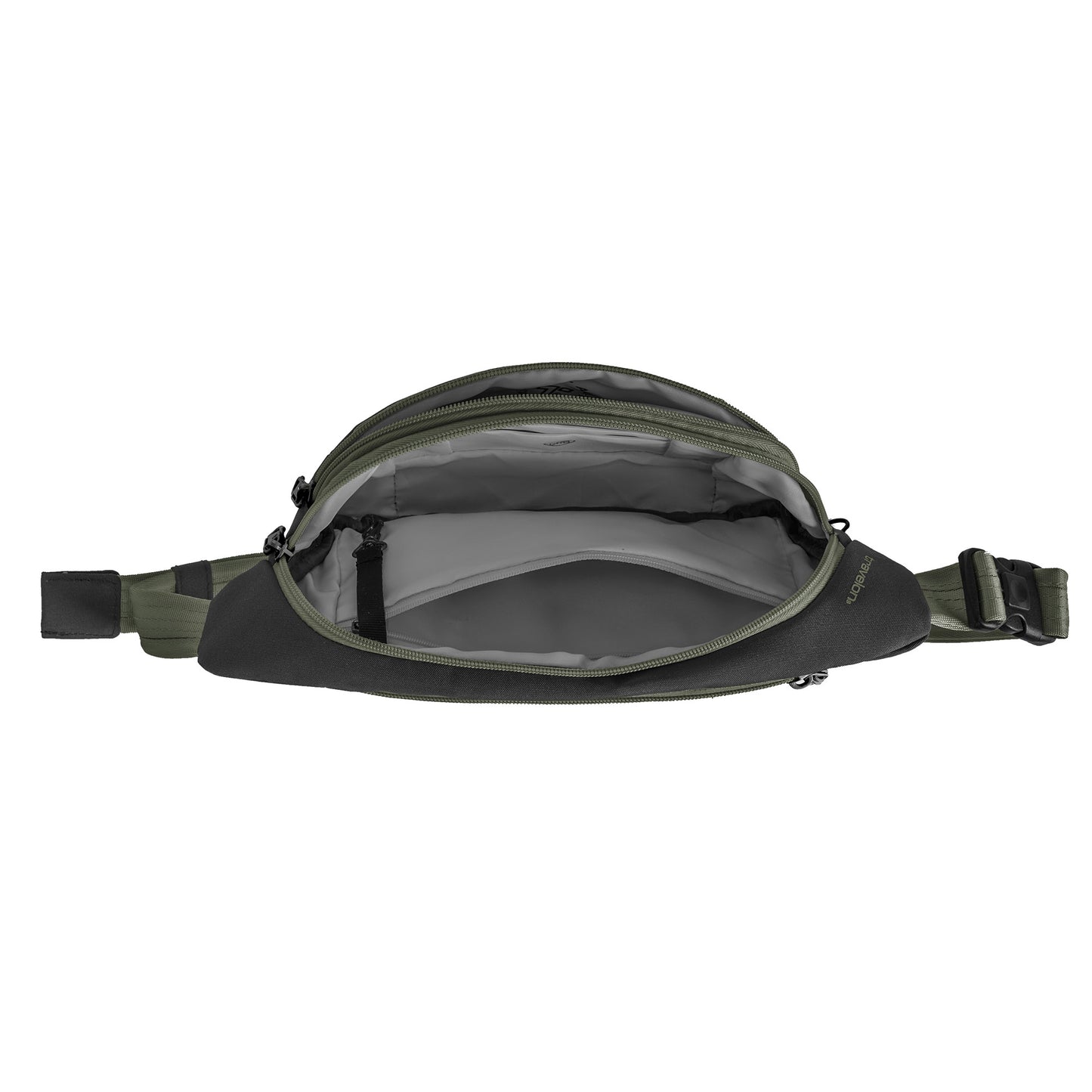 Open Travelon Voyages Anti-Theft Waist Pack in black, featuring compartments and zippers for hands-free travel.