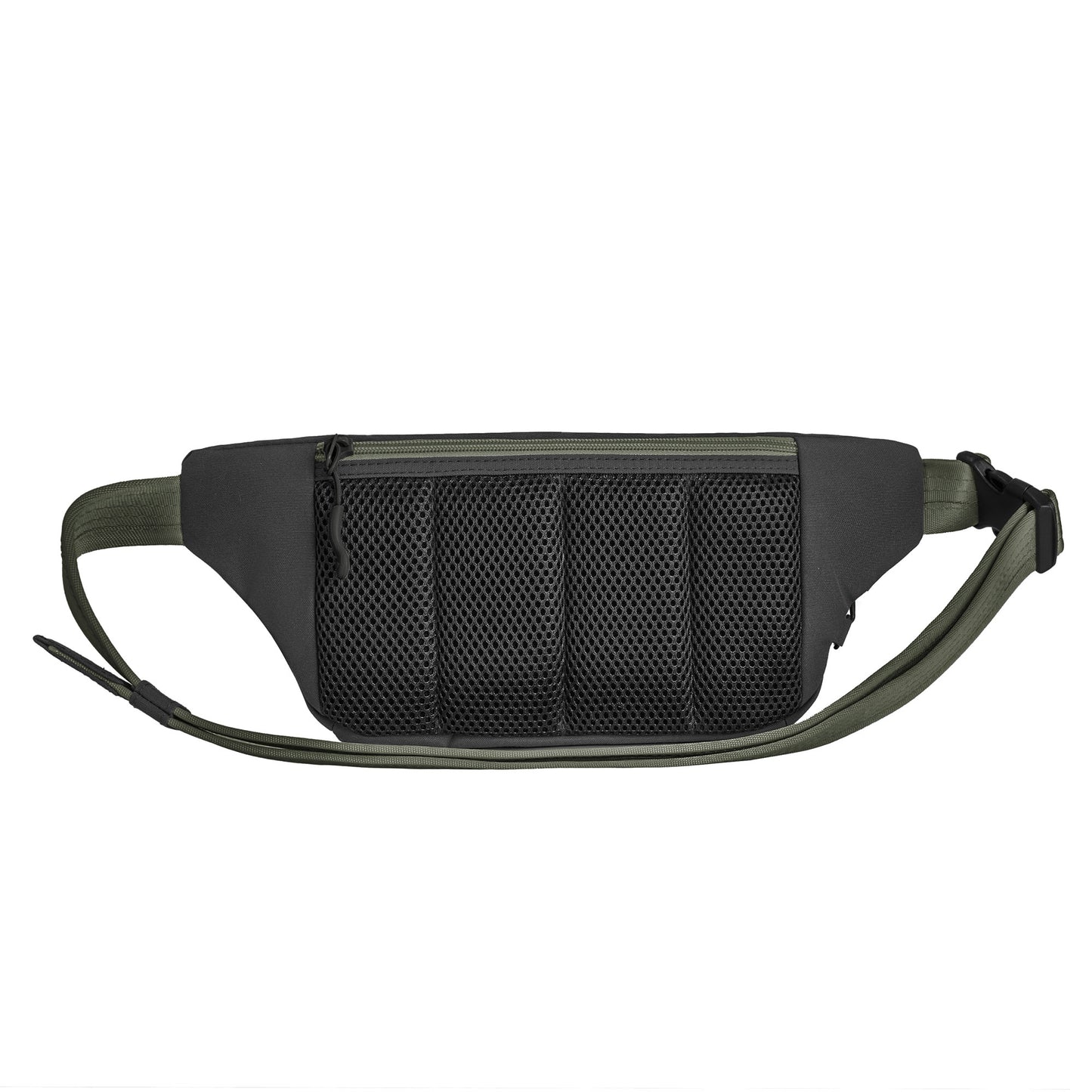 Back view of the Travelon Voyages Anti-Theft Waist Pack is green and black with a mesh pocket and adjustable strap for hands-free travel.
