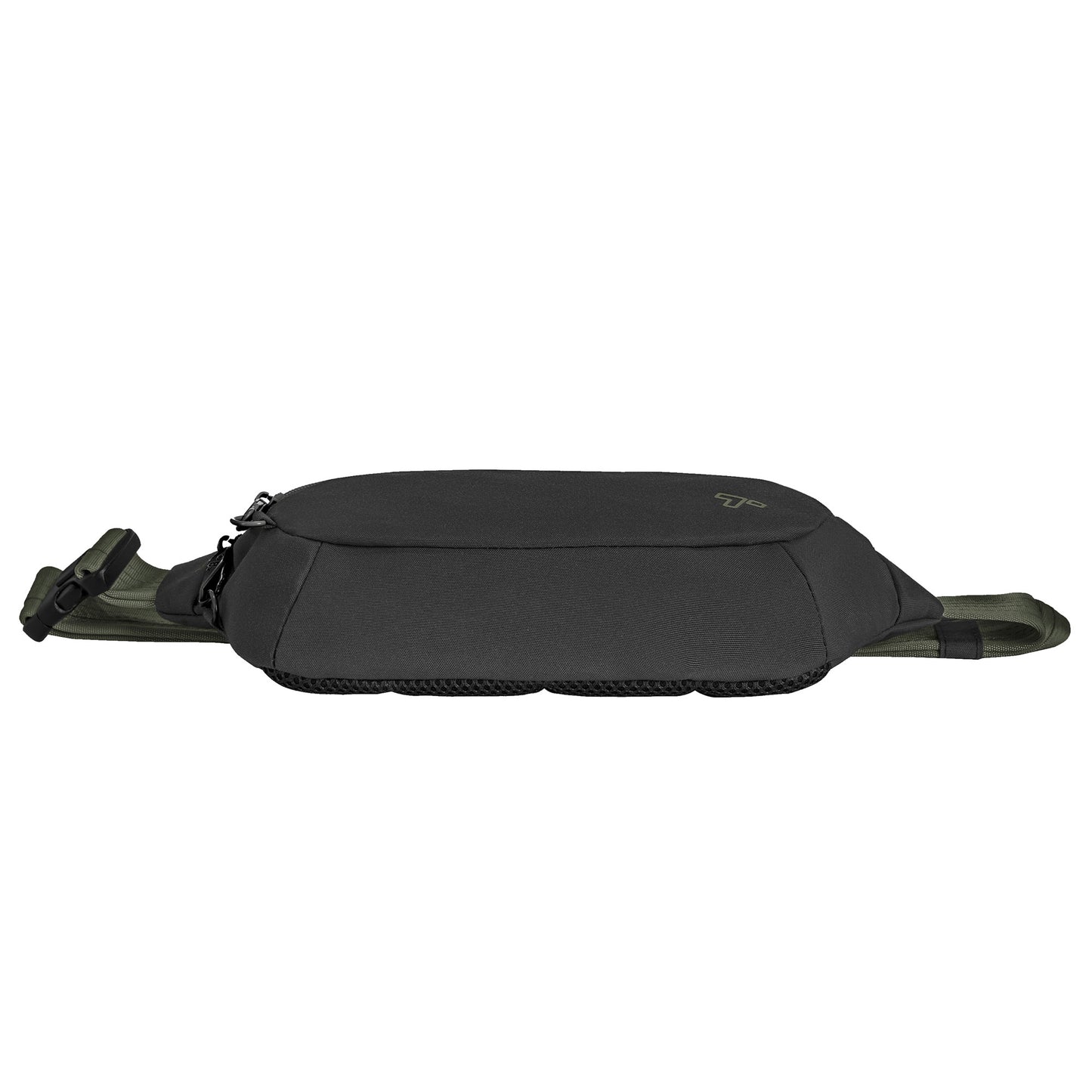 A Travelon Voyages Anti-Theft Waist Pack in black with green accents and an adjustable strap on a white background.