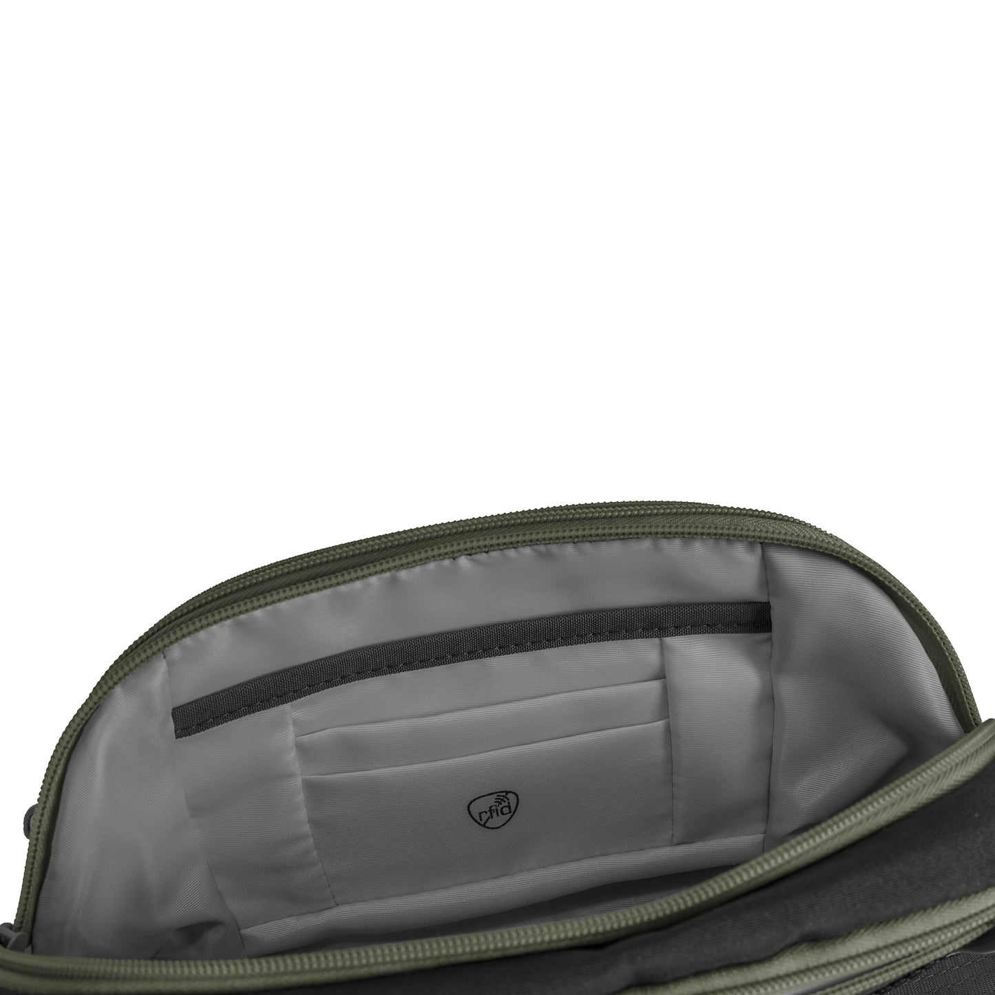 Open view of Travelon Voyages Anti-Theft Waist Pack with gray interior, pockets, a zipper, and 5-Point security system.
