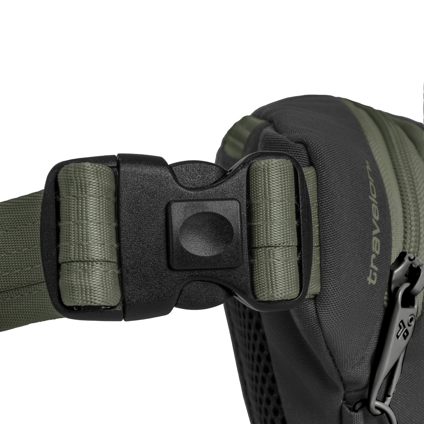 Close-up of the Travelon Voyages Anti-Theft Waist Pack with a green strap and black buckle, perfect for hands-free travel.