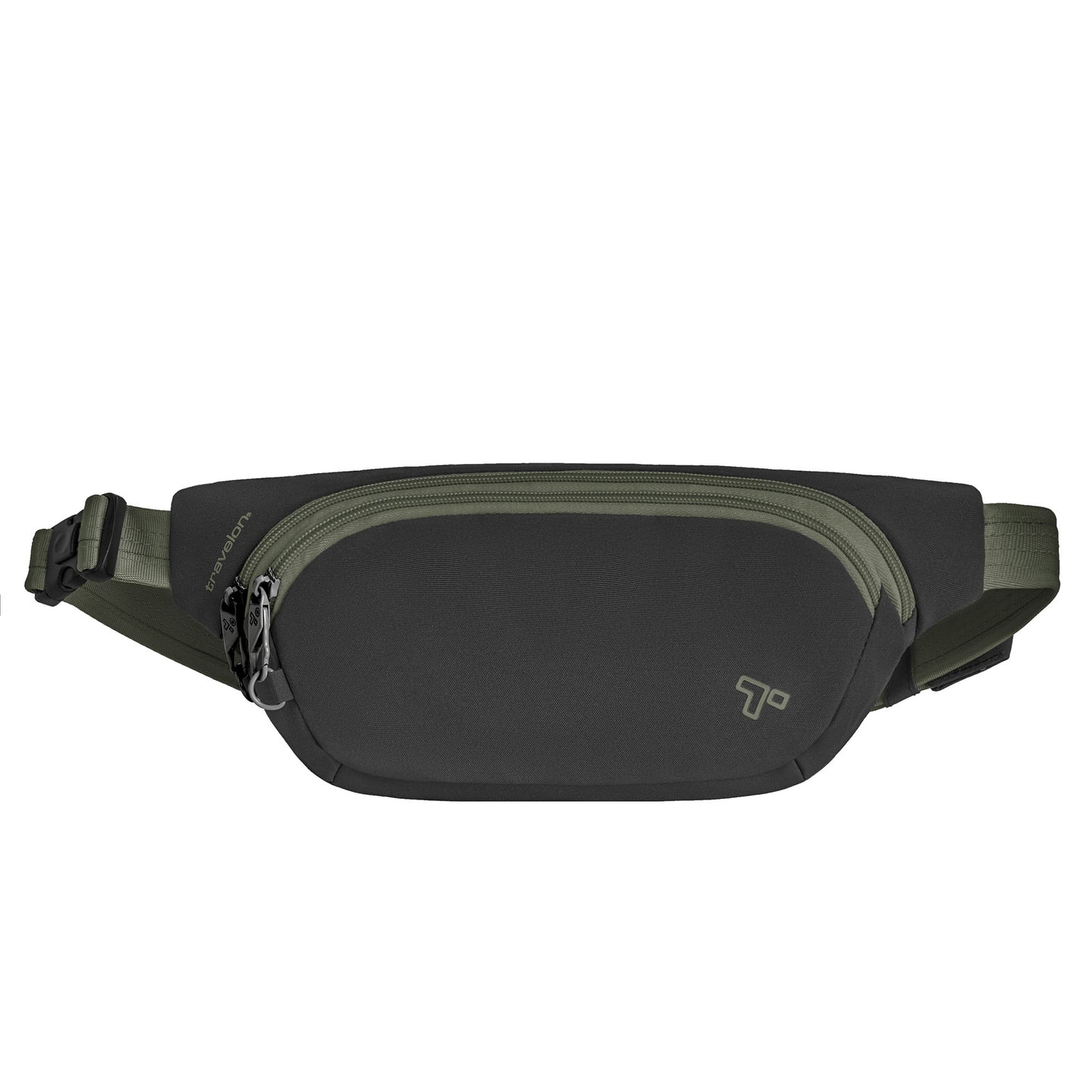 Travelon Voyages Anti-Theft Waist Pack in black/green has a zippered front pocket and adjustable strap for hands-free travel.