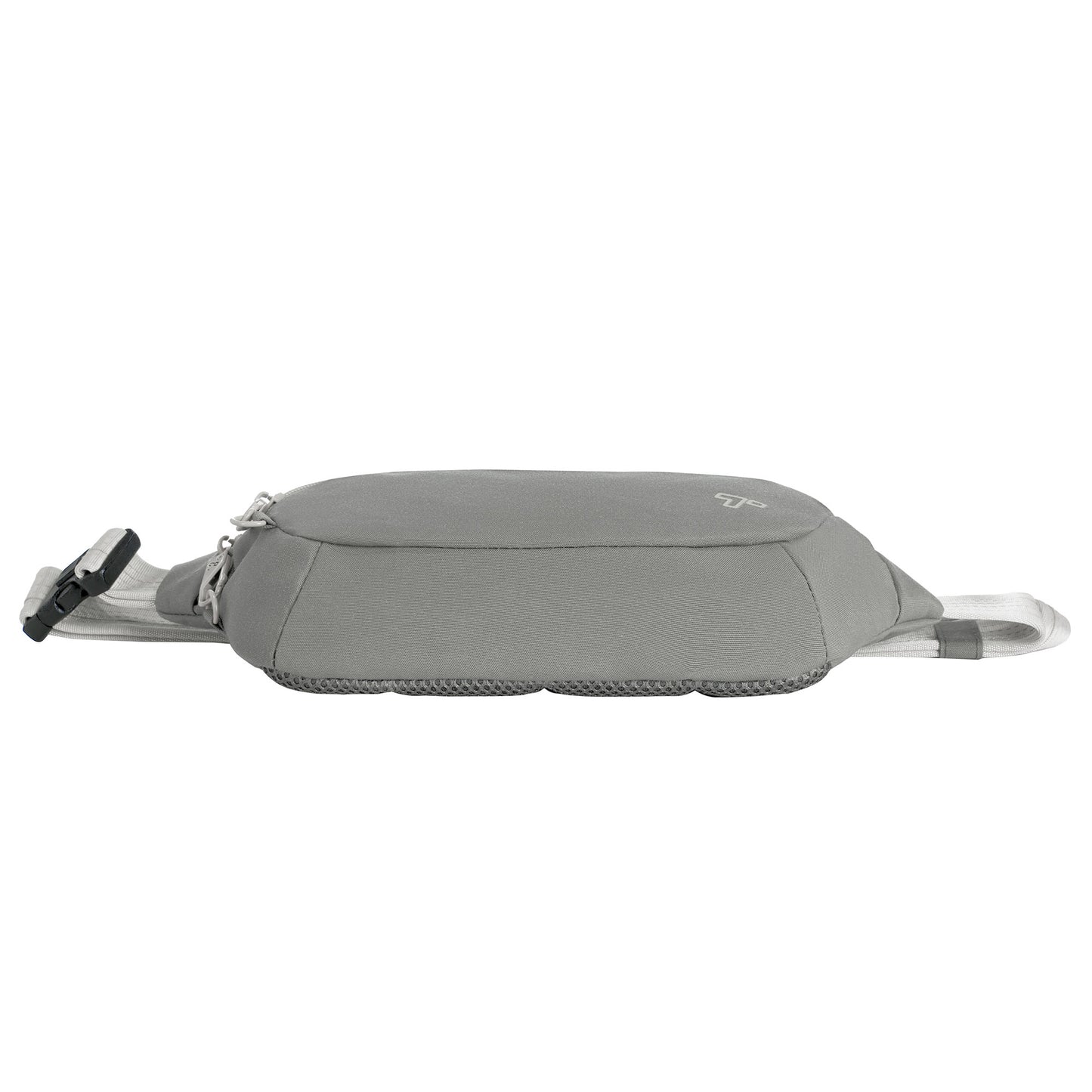 Bottom view of Travelon Voyages Anti-Theft Waist Pack in granite with buckle and zipper, ideal for travel, on a plain white background.