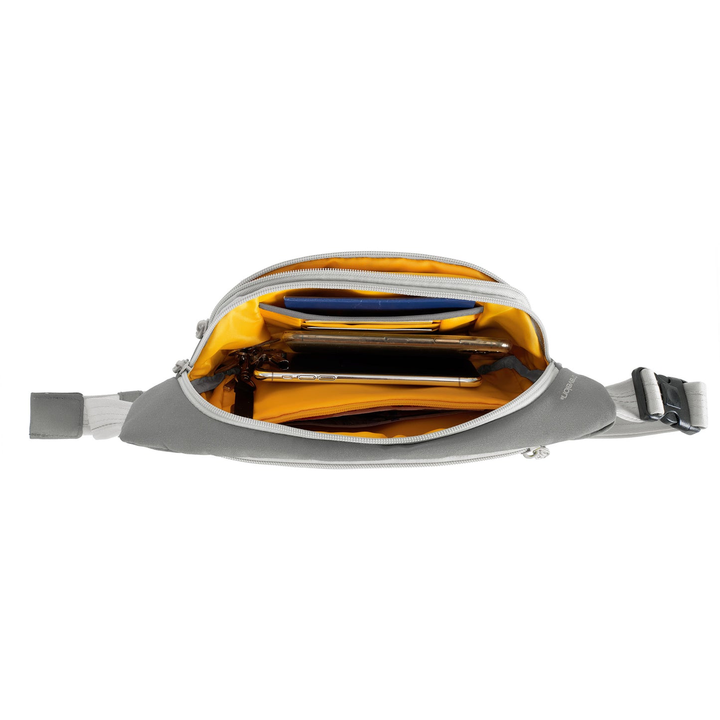 Travelon Voyages Anti-Theft Waist Pack: Stay hands-free with a gray design and yellow interior featuring organized compartments.