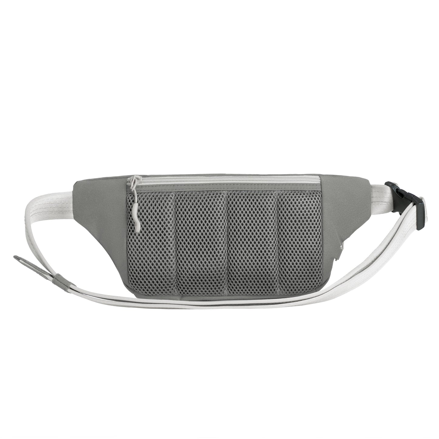 Travelon Voyages Anti-Theft Waist Pack: Gray mesh, front zipper, adjustable strap for hands-free travel.