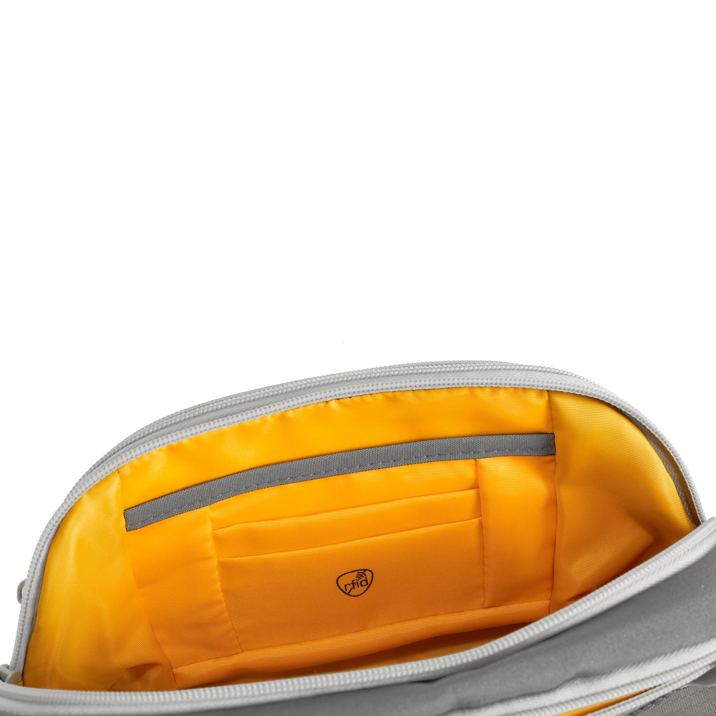 Travelon Voyages Anti-Theft Waist Pack: granite with orange interior and pockets for secure, hands-free travel.