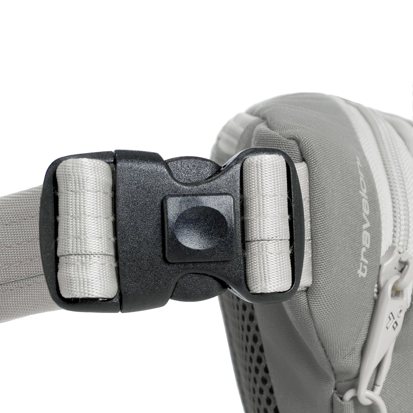 Close-up of the Travelon Voyages Anti-Theft Waist Pack in granite, with black buckle and zipper security.