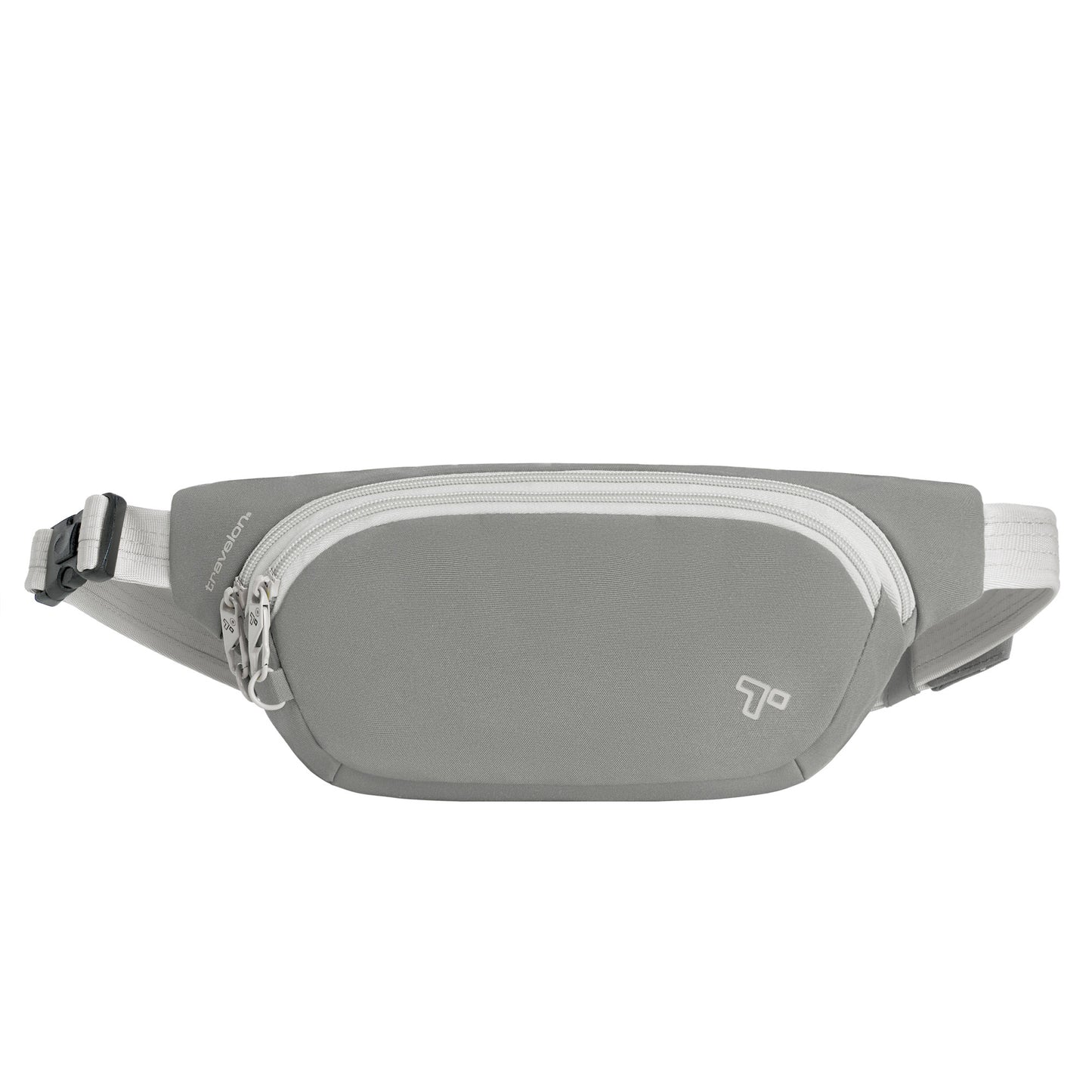 Travelon Voyages Anti-Theft Waist Pack: granite with adjustable strap, white zipper, & logo for hands-free travel.