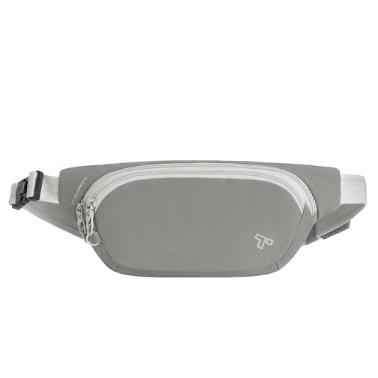 Product Image – Travelon Voyages Anti-Theft Waist Pack: granite with adjustable strap, white zipper, & logo for hands-free travel.