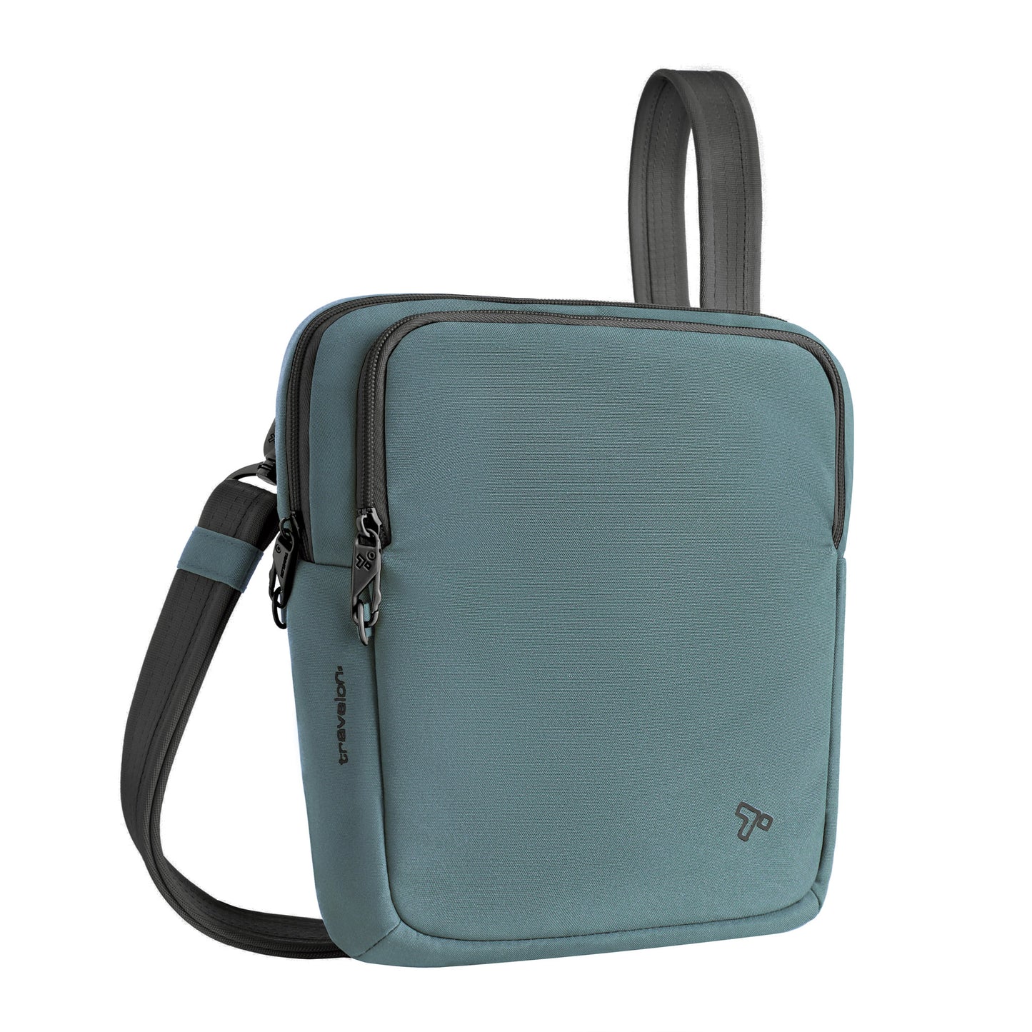 The Travelon Voyages Anti-Theft Slim Bag is a slate blue rectangular shoulder bag with black strap and zippered compartments.