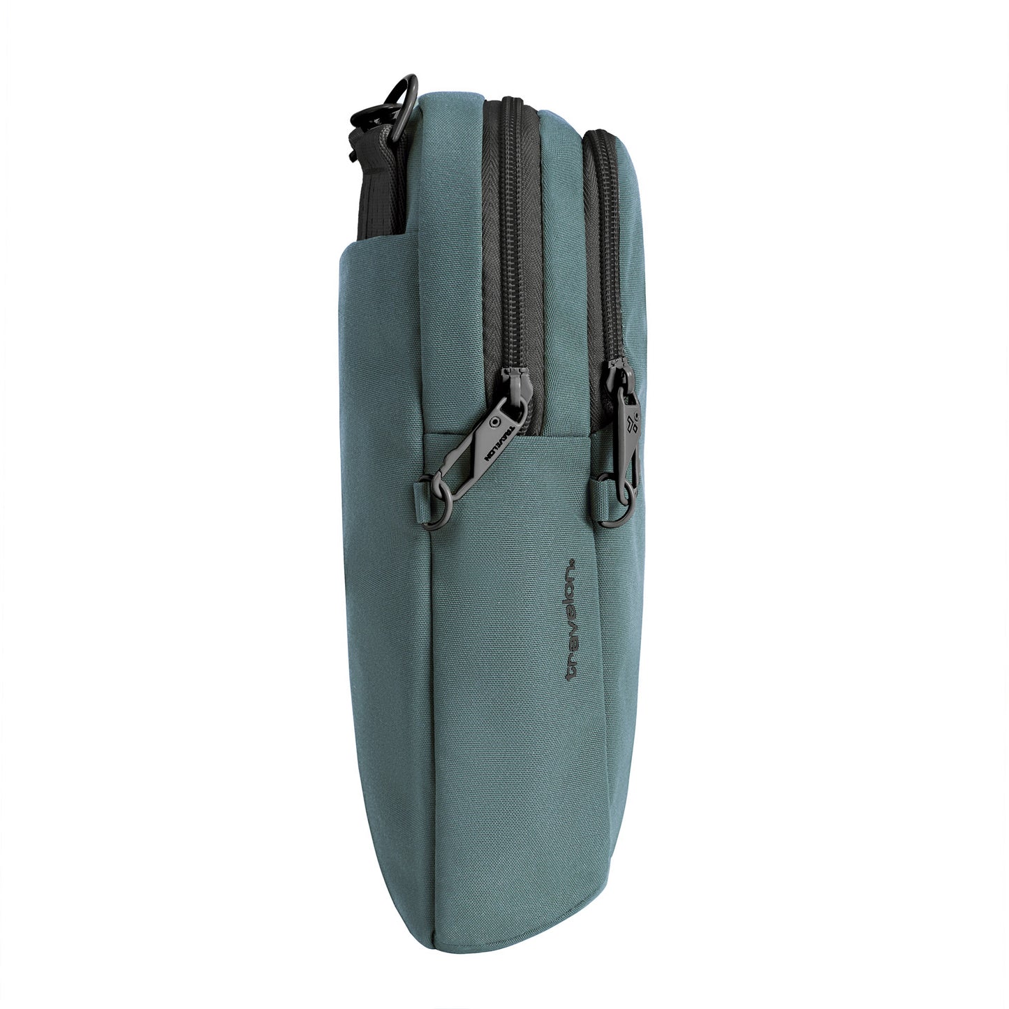Side view of Travelon's slate blue Slim Bag with two zippers and a loop.