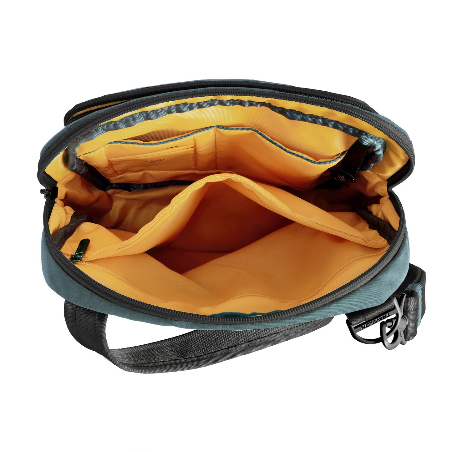 Inside view of Travelon Voyages Anti-Theft Slim Bag featuring bright orange interior lining with multiple compartments.