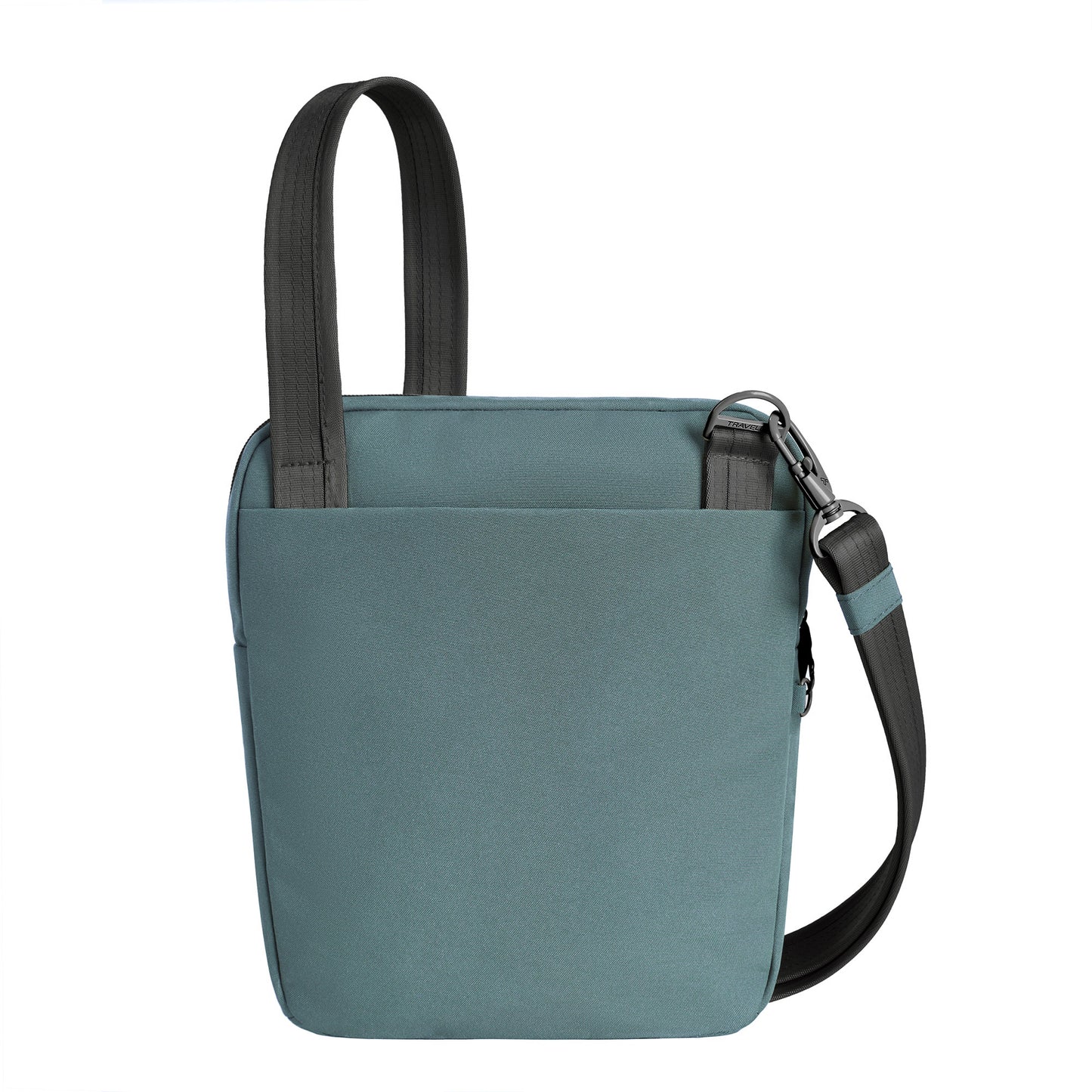 Back view of the Travelon Voyages Anti-Theft Slim Bag in slate blue with black strap.