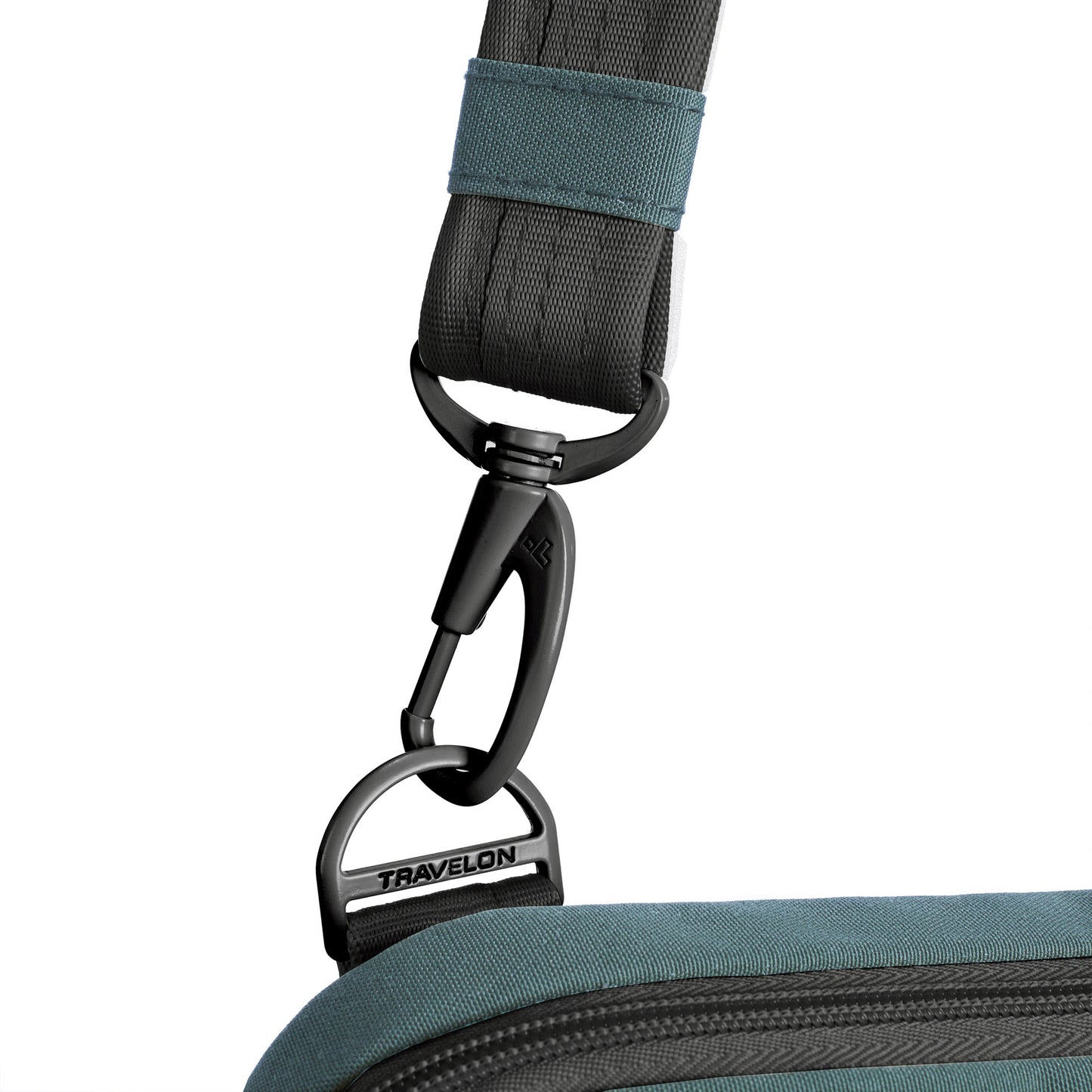 Close-up of a slate blue Travelon Voyages Anti-Theft Slim Bag strap with black swivel hook and logo.