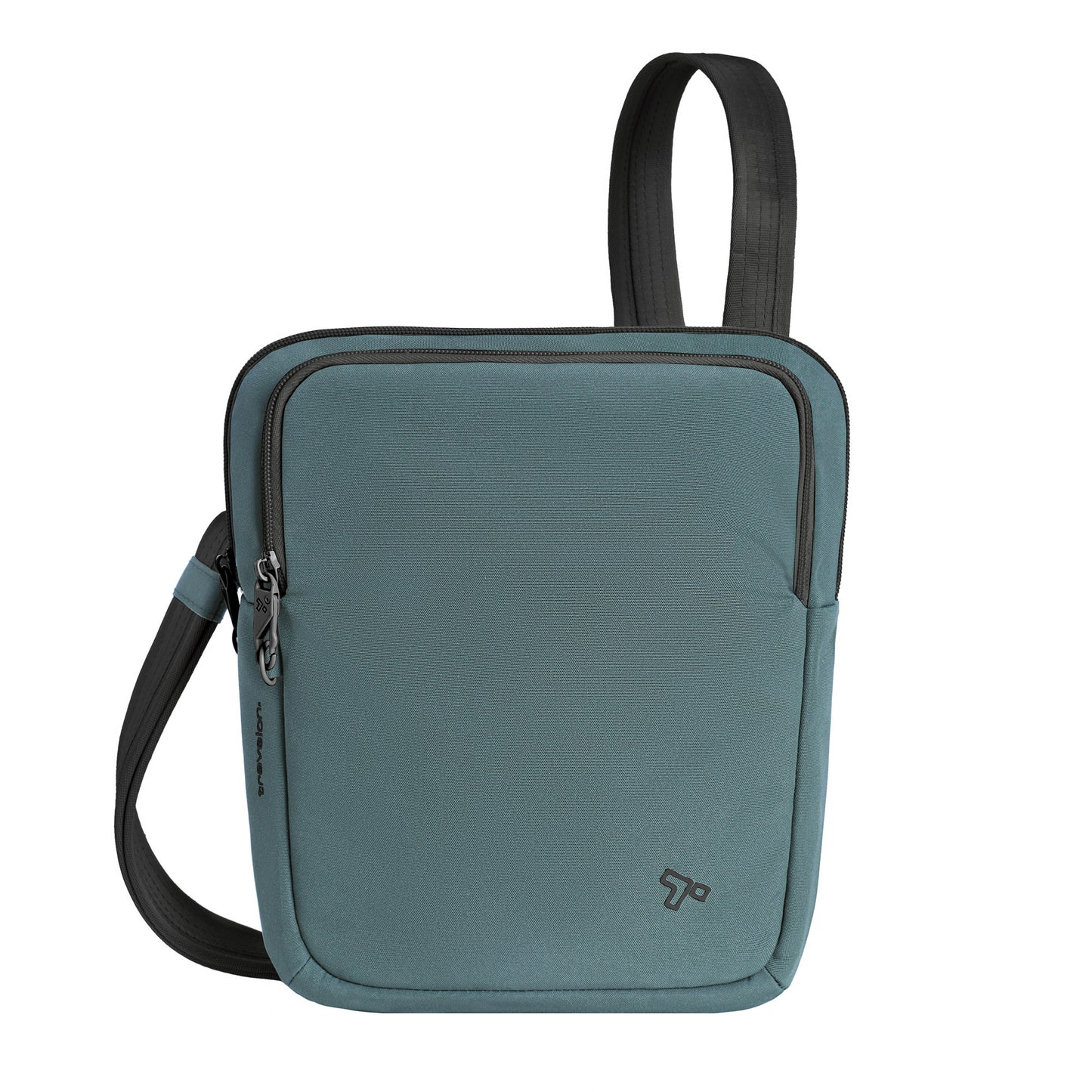 The Travelon Voyages Anti-Theft Slim Bag in slate blue with black straps and a front pocket is ideal for hands-free travel.