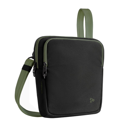 Product Image – Travelon Voyages Anti-Theft Slim Bag: Black/green, front zipper pocket, adjustable strap, security features.