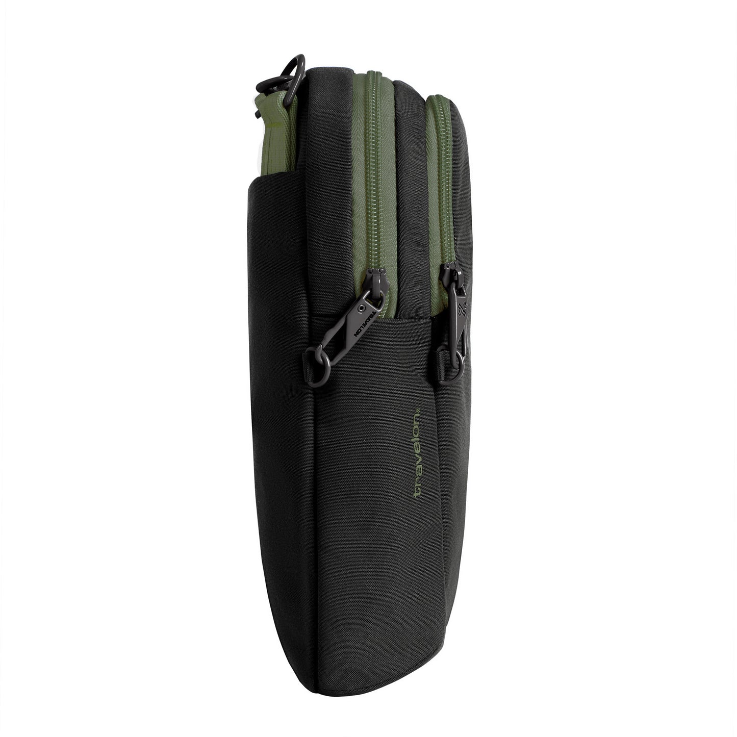 Side view of Travelon Voyages Anti-Theft Slim Bag in black, with olive green zippers and lockable zipper pulls.
