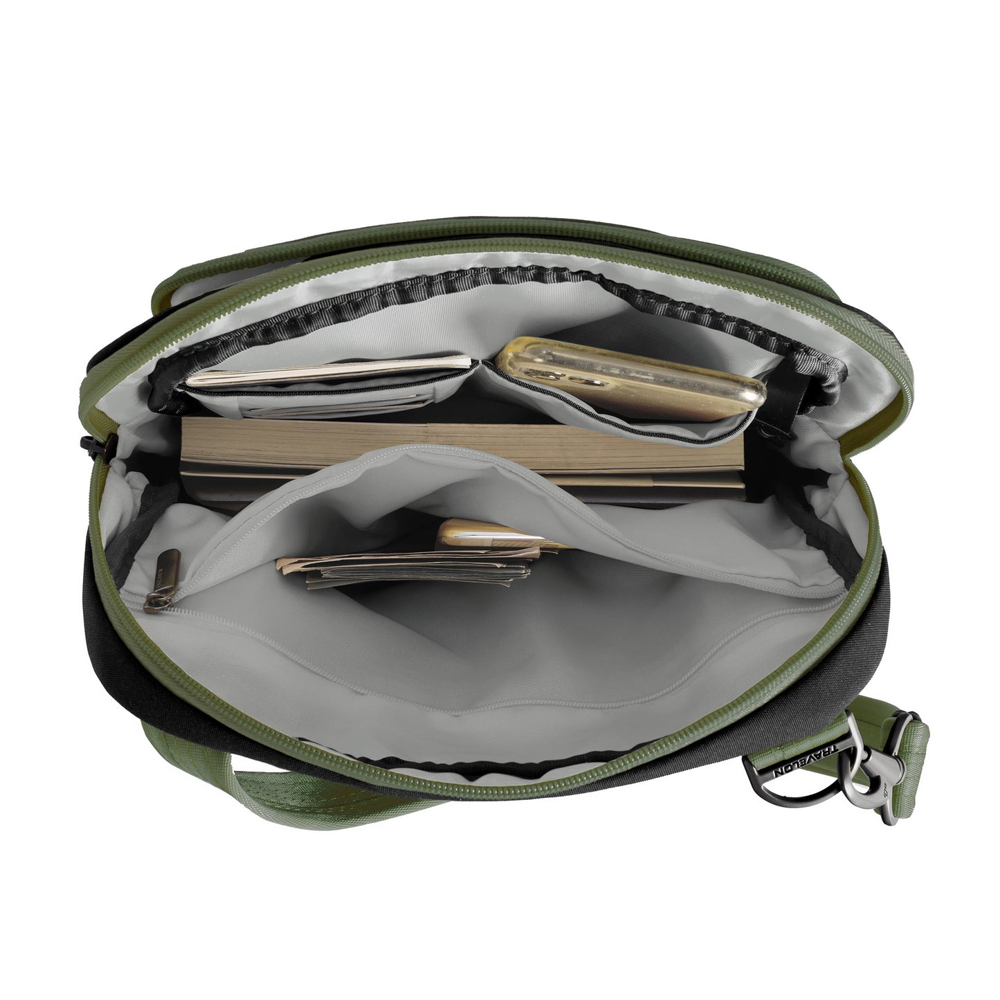Unzip the Travelon Voyages Anti-Theft Slim Bag to reveal pockets for notebooks, a pen, and phone for hands-free travel.