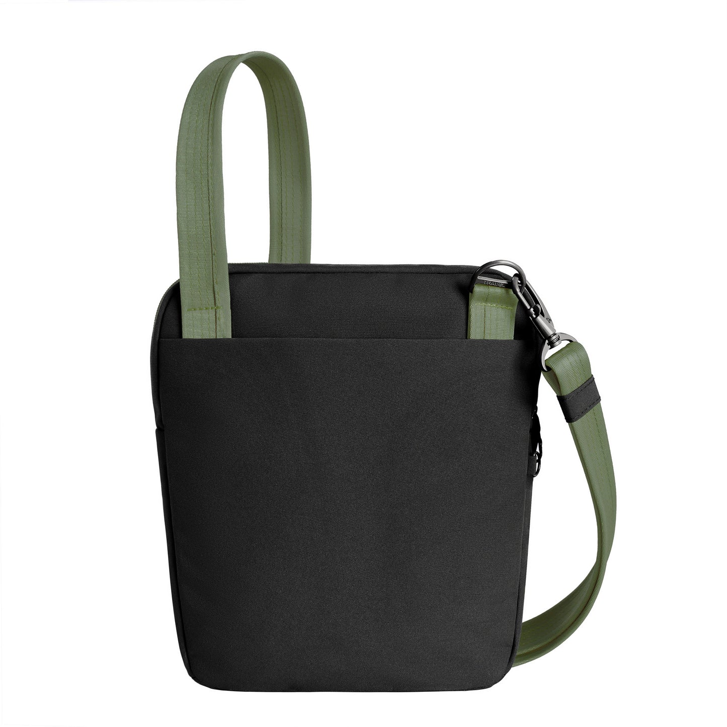 Back view of Travelon Voyages Anti-Theft Slim Bag, featuring green shoulder strap, perfect for hands-free travel.