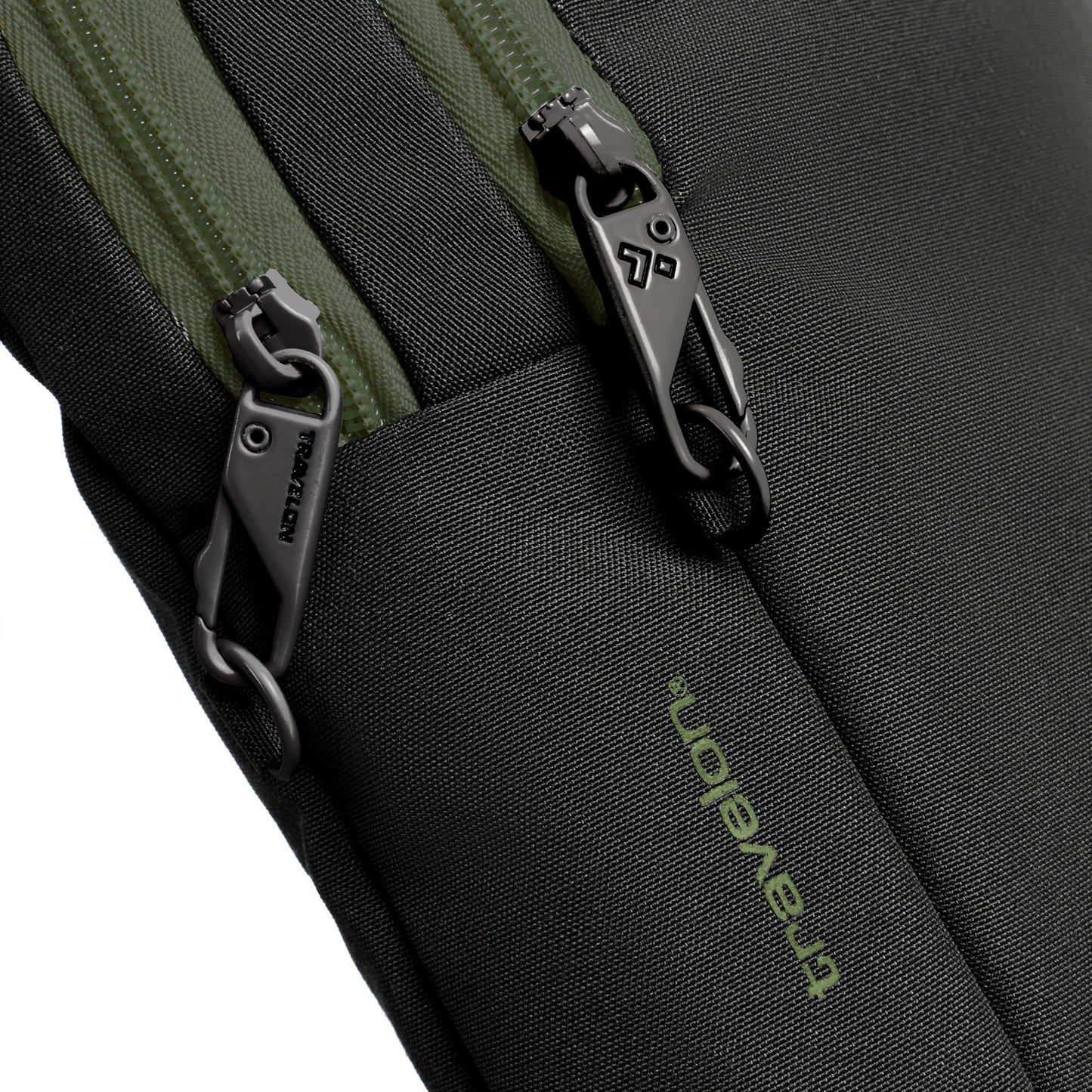 Close-up of a black Travelon Voyages Anti-Theft Slim Bag with dual zippers and green accents, featuring the brand name.