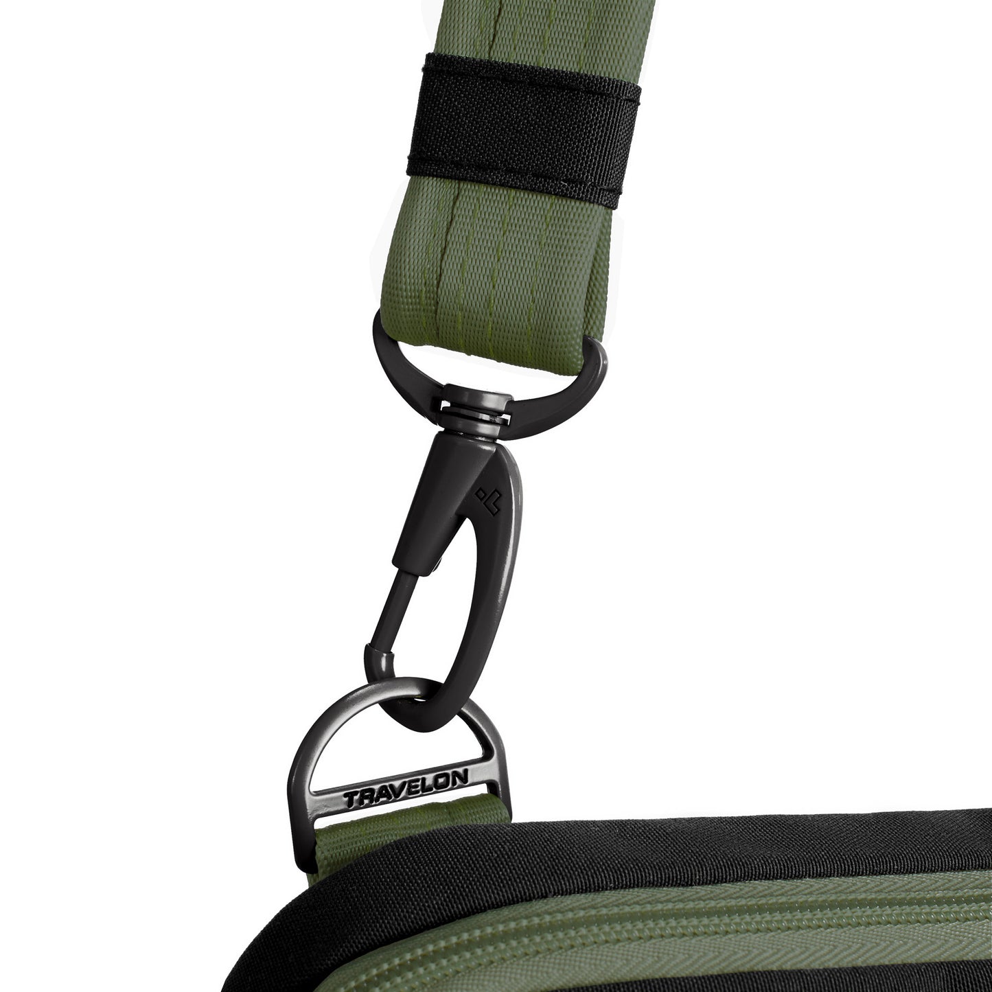 The Travelon Voyages Anti-Theft Slim Bag features a green strap with a black carabiner for secure, hands-free travel.